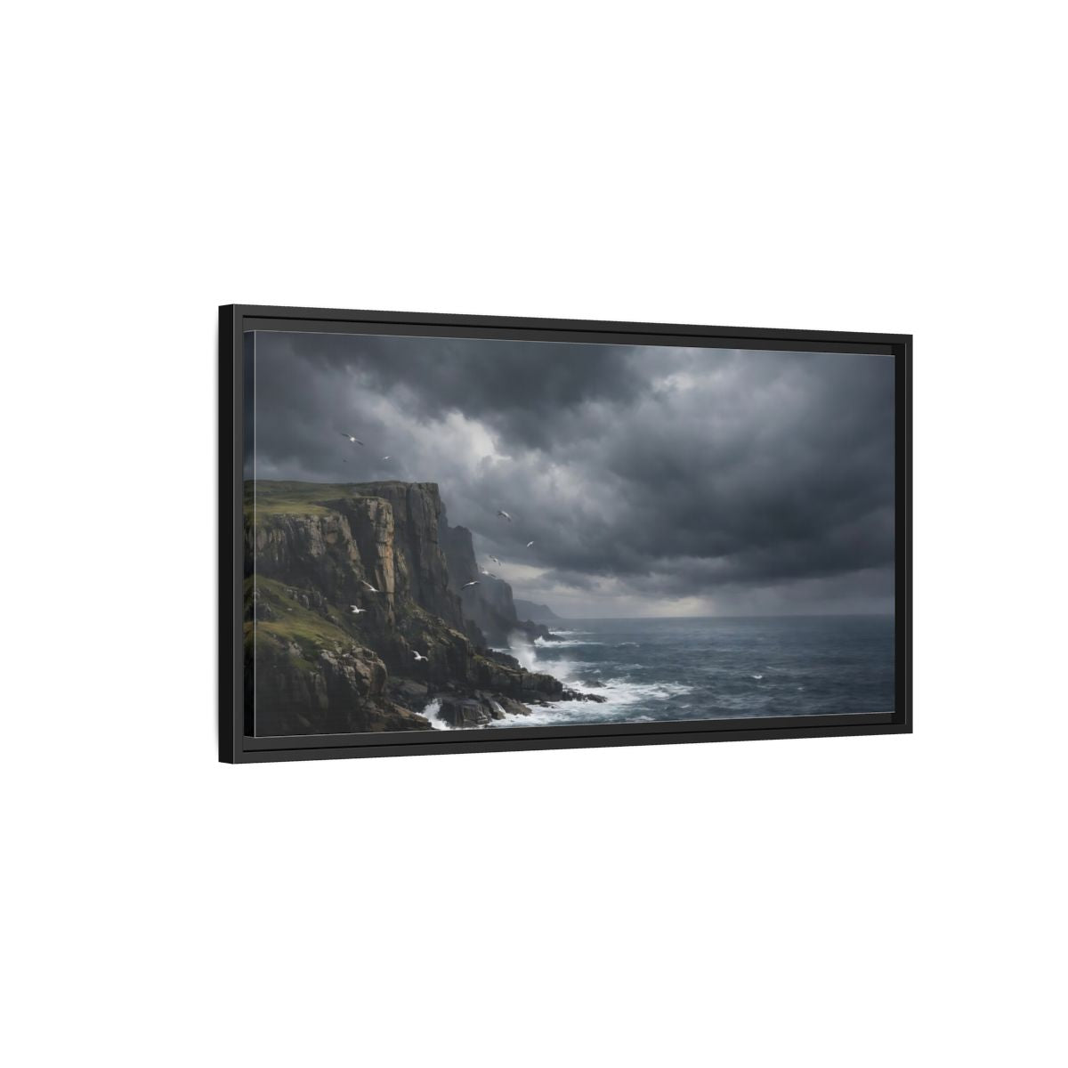 Side Mockup 2. Nature Ocean Cliffs Stormy Ocean shown as stretched canvas wall art