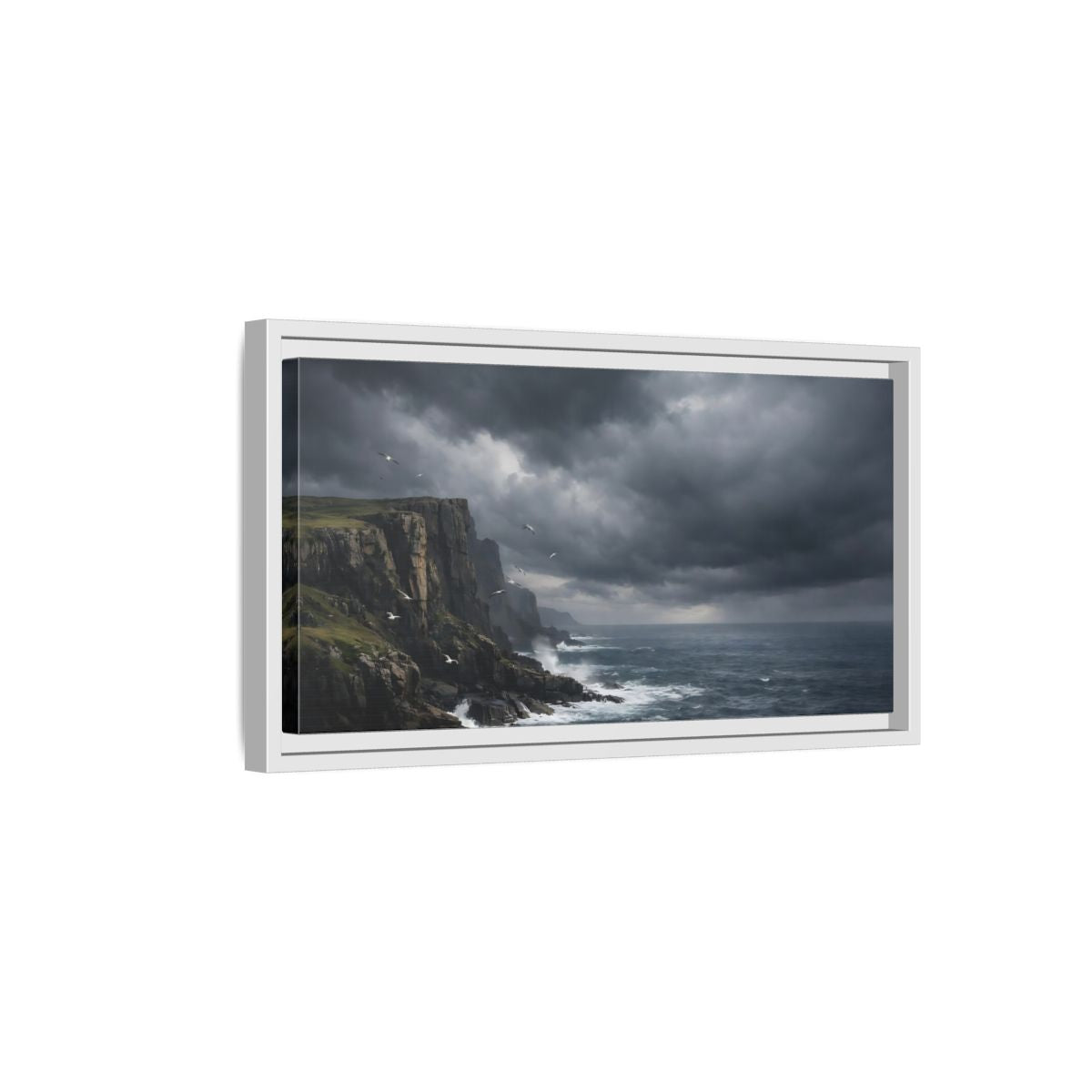 Side Mockup 6. Nature Ocean Cliffs Stormy Ocean shown as stretched canvas wall art