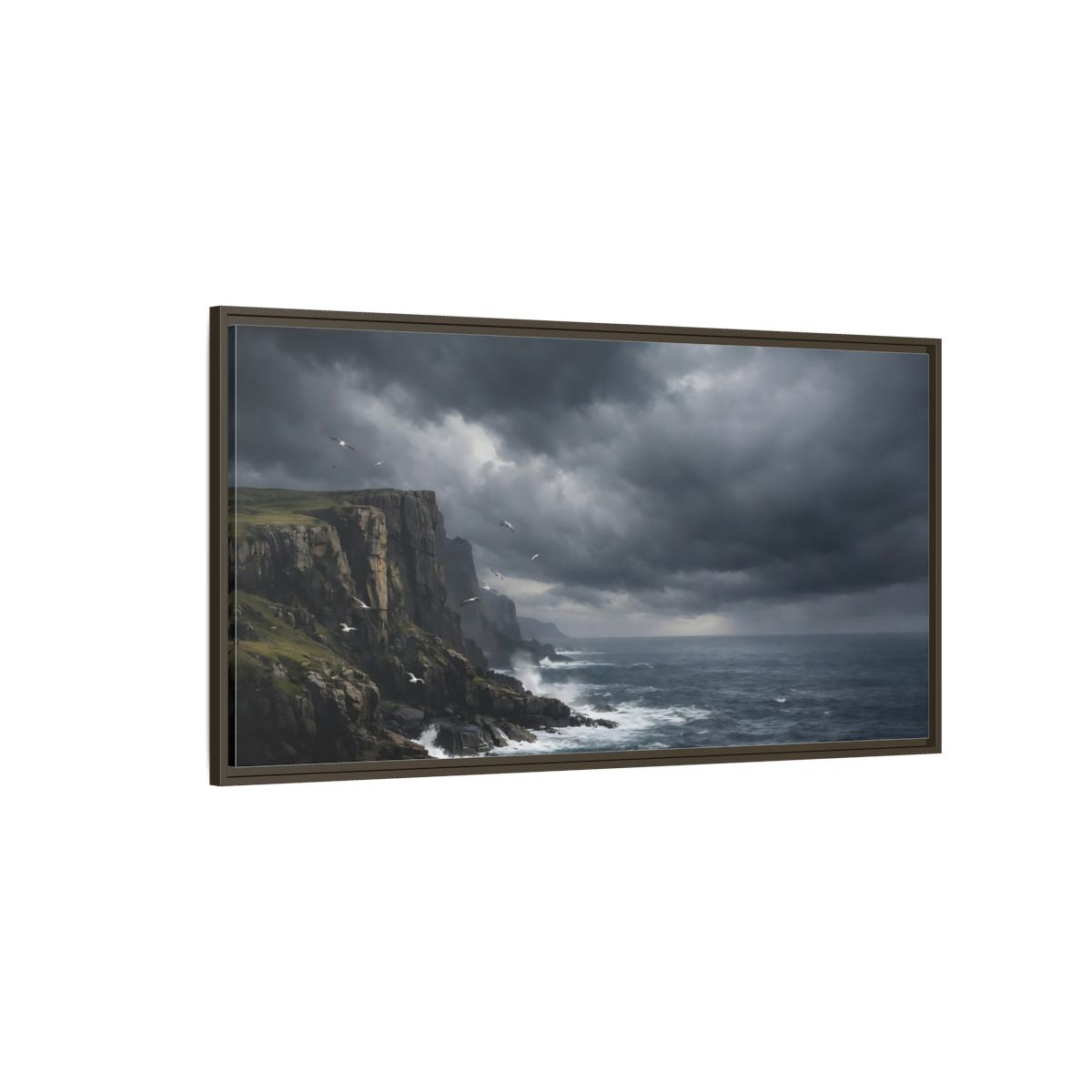 Side Mockup 4. Nature Ocean Cliffs Stormy Ocean shown as stretched canvas wall art