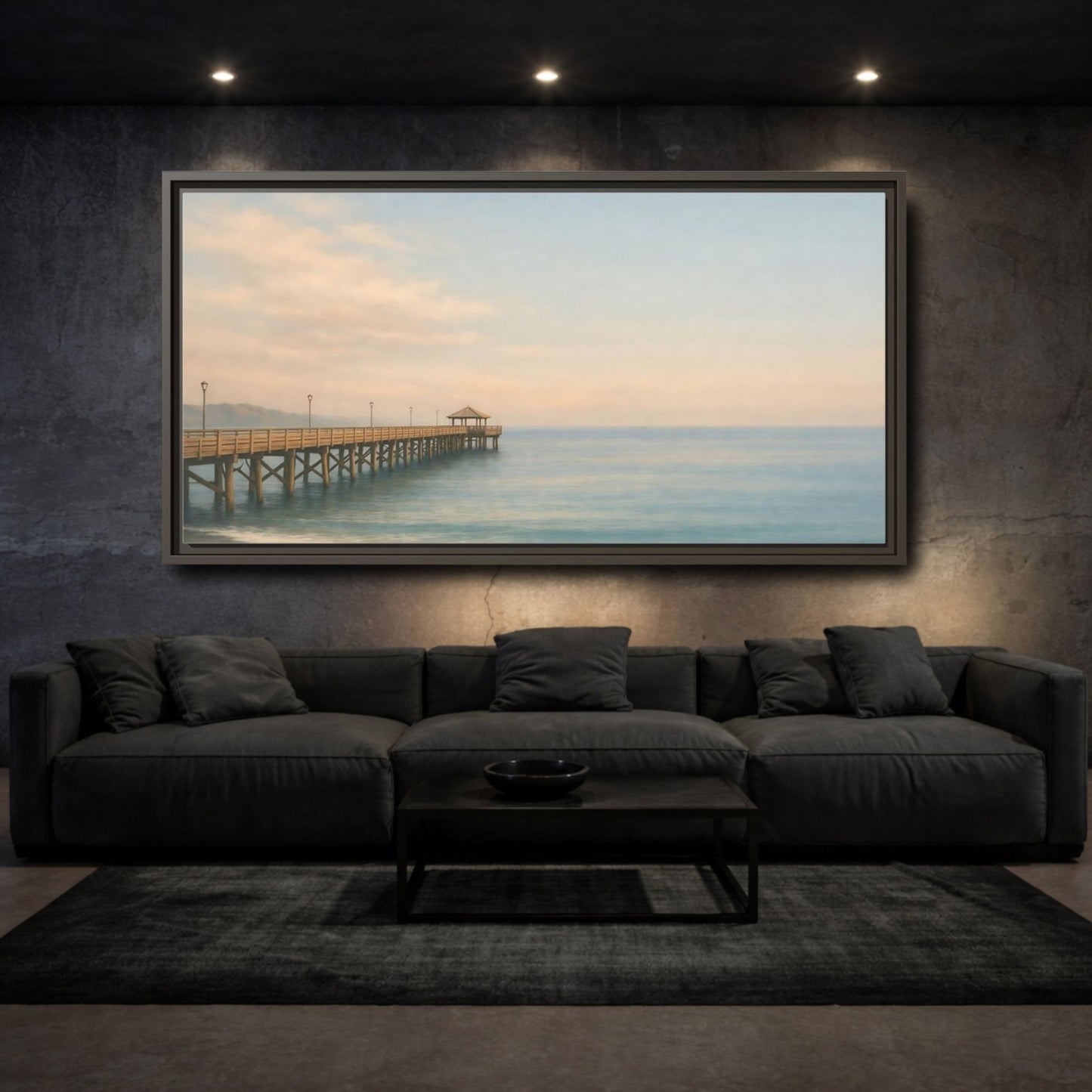 Landscape Nature Ocean Pier Coastal Sunset - Framed Canvas Wall Art Print - YesArtYes