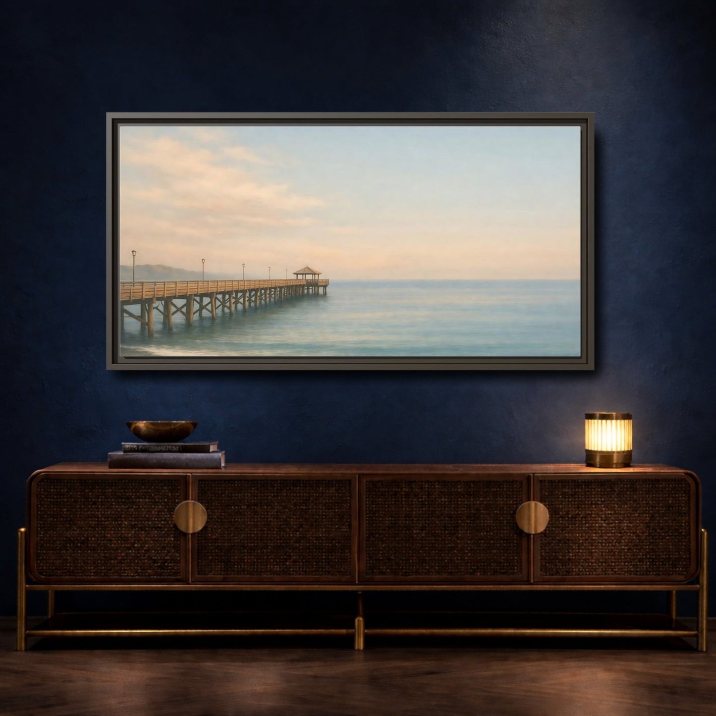 Landscape Nature Ocean Pier Coastal Sunset - Framed Canvas Wall Art Print - YesArtYes
