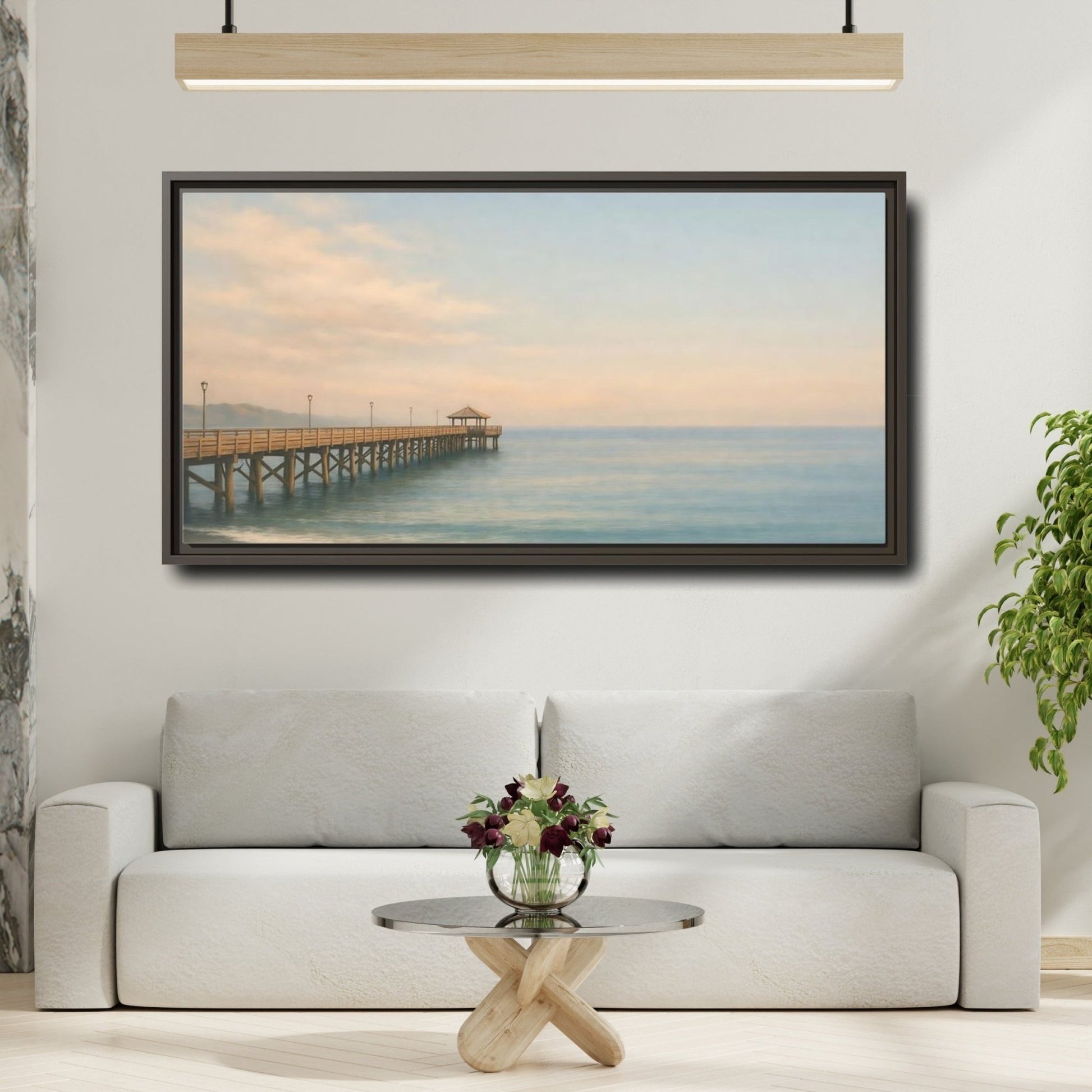 Landscape Nature Ocean Pier Coastal Sunset - Framed Canvas Wall Art Print - YesArtYes