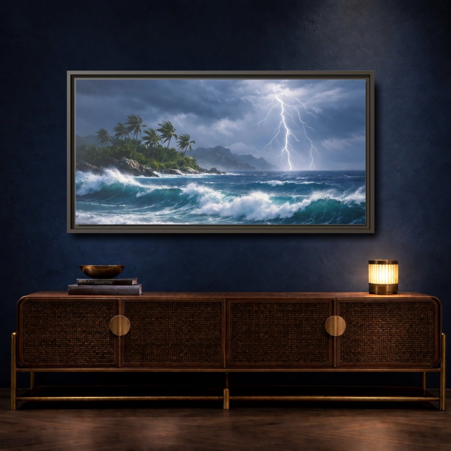 Landscape Nature Ocean Storm Blue And - Framed Canvas Wall Art Print - YesArtYes