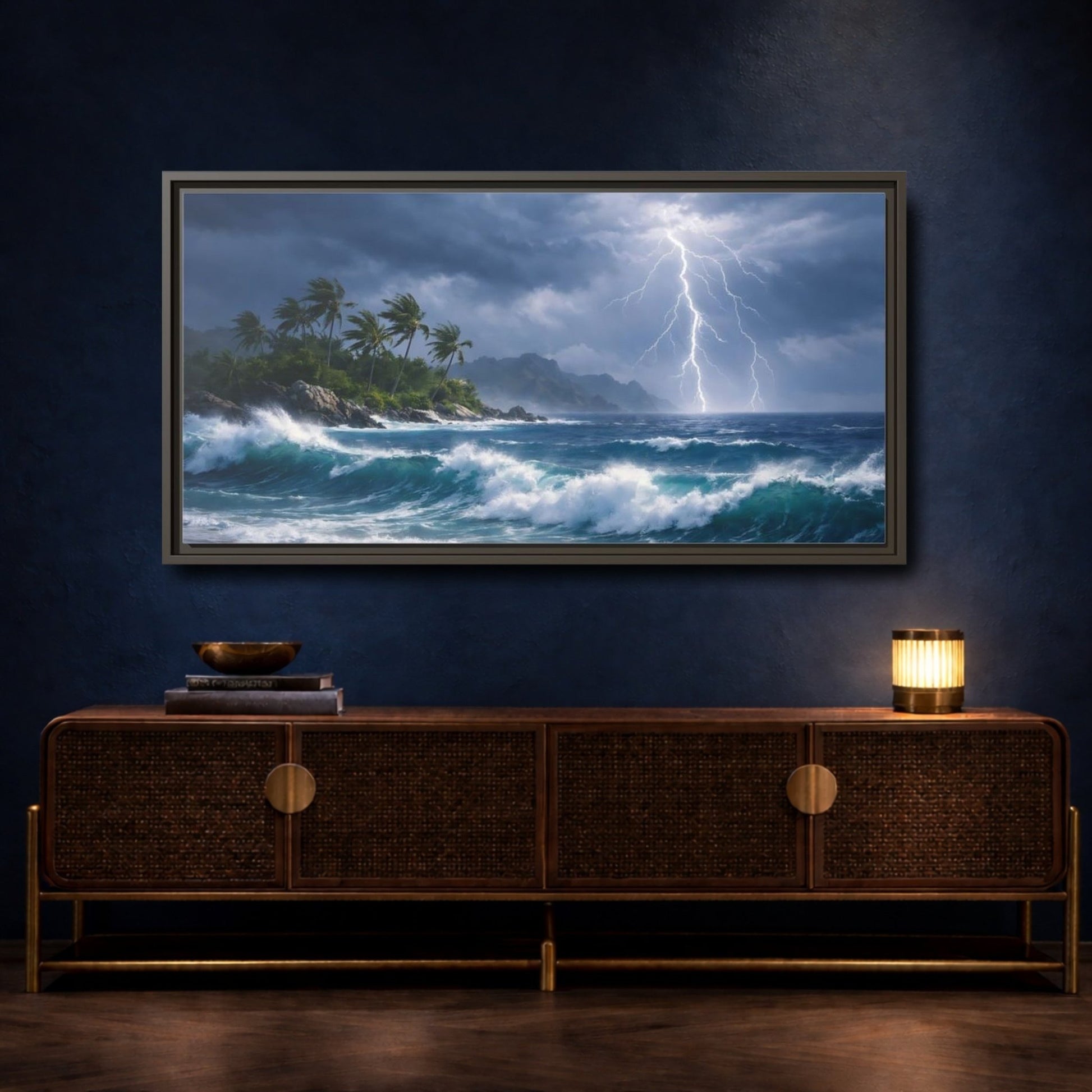 Landscape Nature Ocean Storm Blue And - Framed Canvas Wall Art Print - YesArtYes