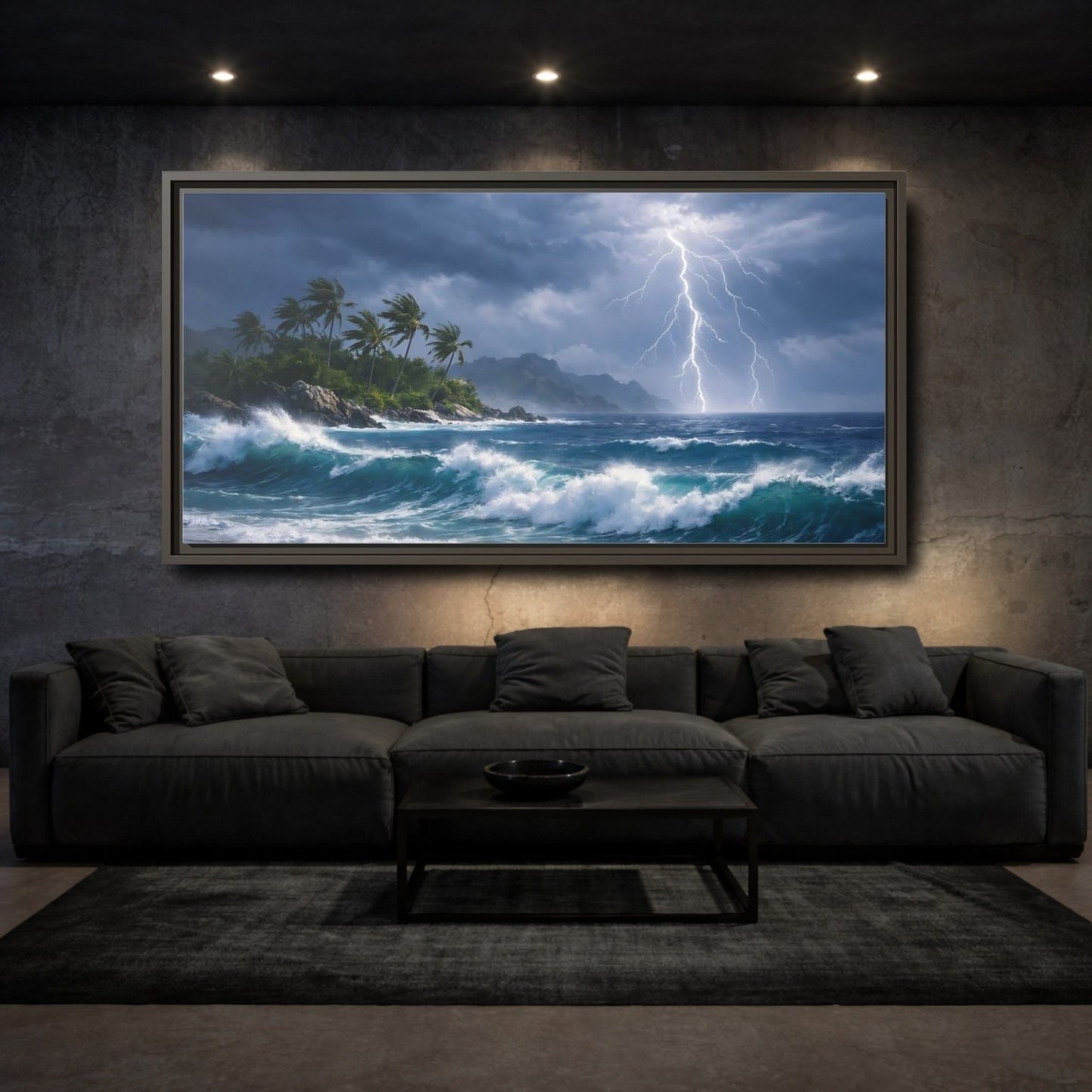 Landscape Nature Ocean Storm Blue And - Framed Canvas Wall Art Print - YesArtYes