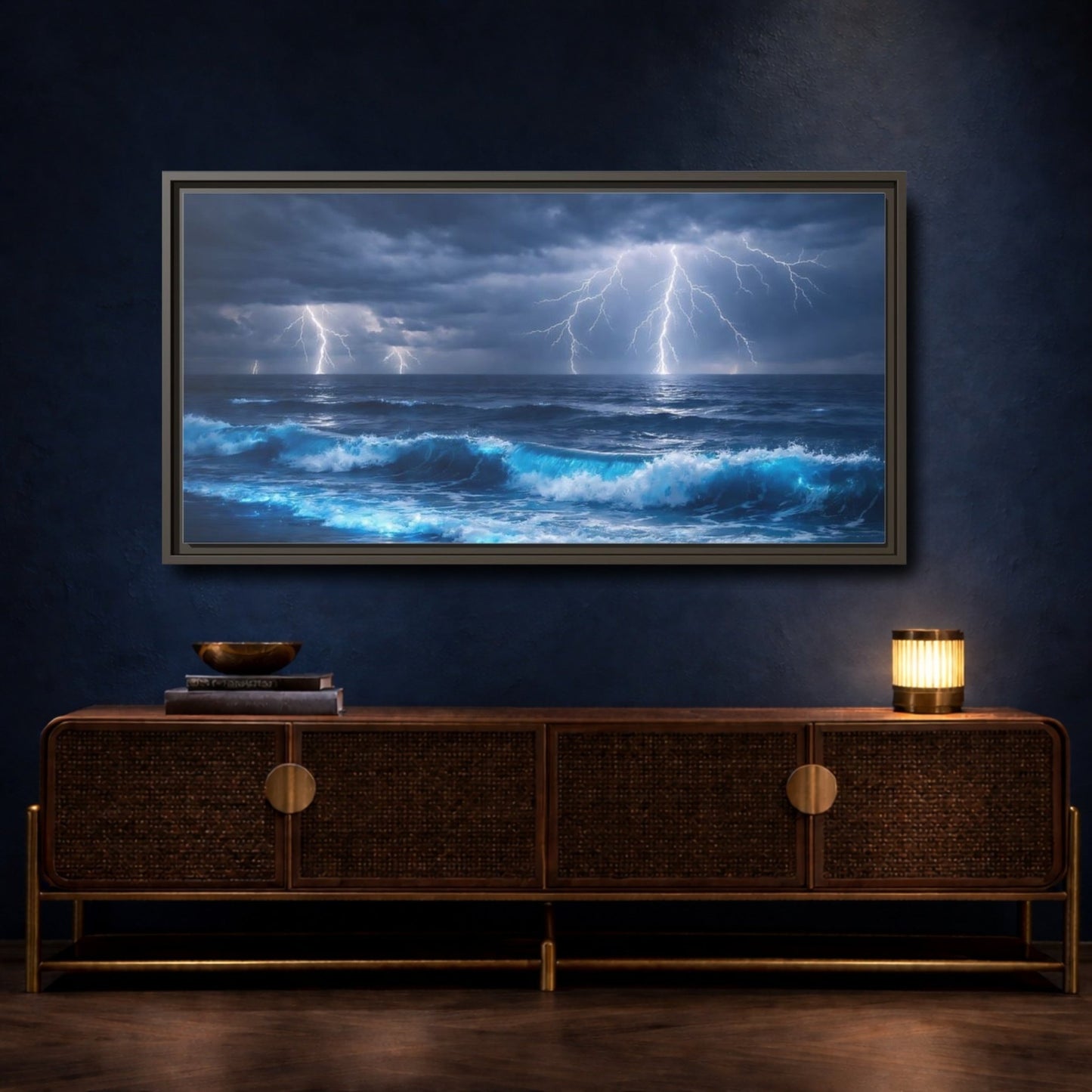 Landscape Nature Ocean Storm Blue - Framed Canvas Wall Art Print - YesArtYes