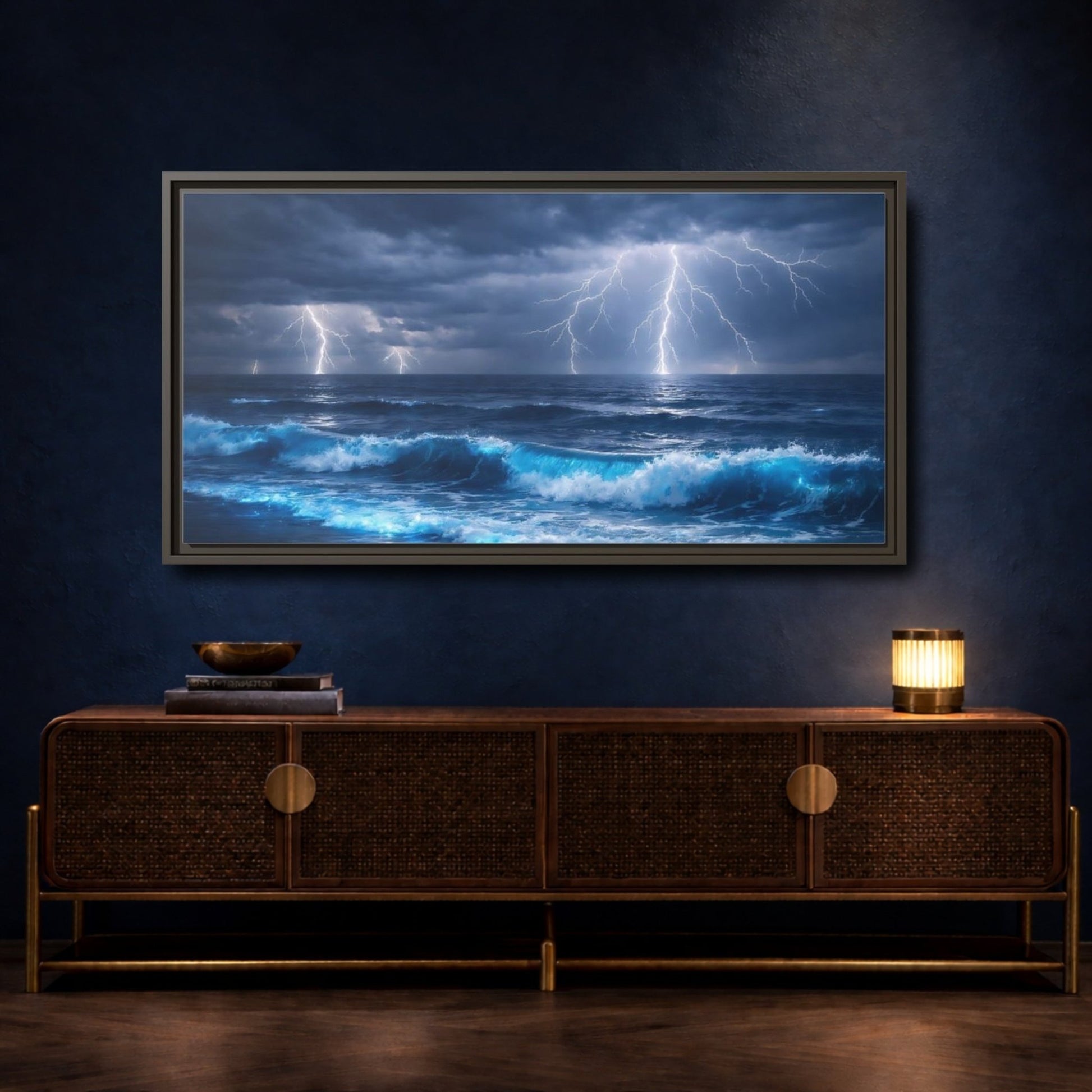 Landscape Nature Ocean Storm Blue - Framed Canvas Wall Art Print - YesArtYes