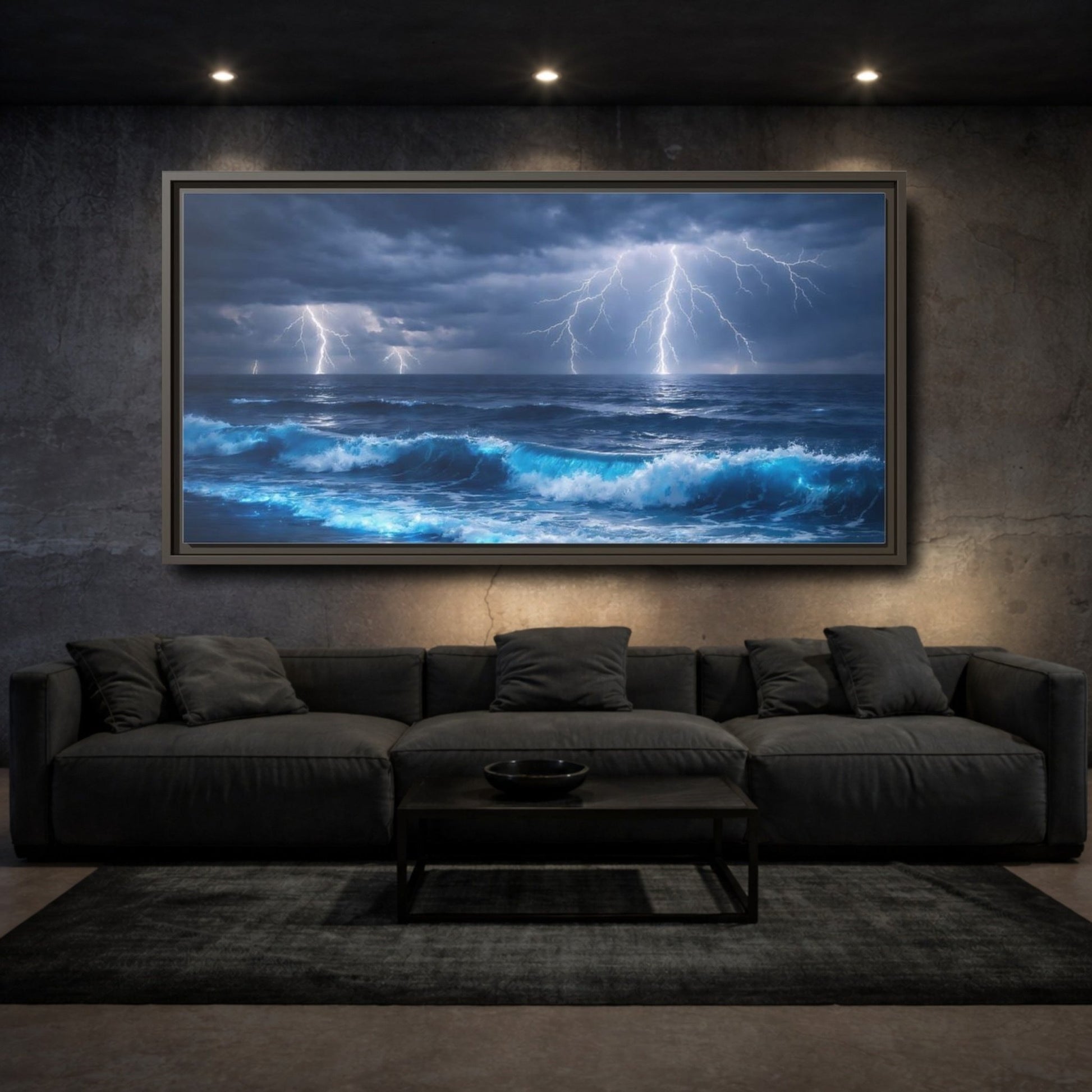 Landscape Nature Ocean Storm Blue - Framed Canvas Wall Art Print - YesArtYes