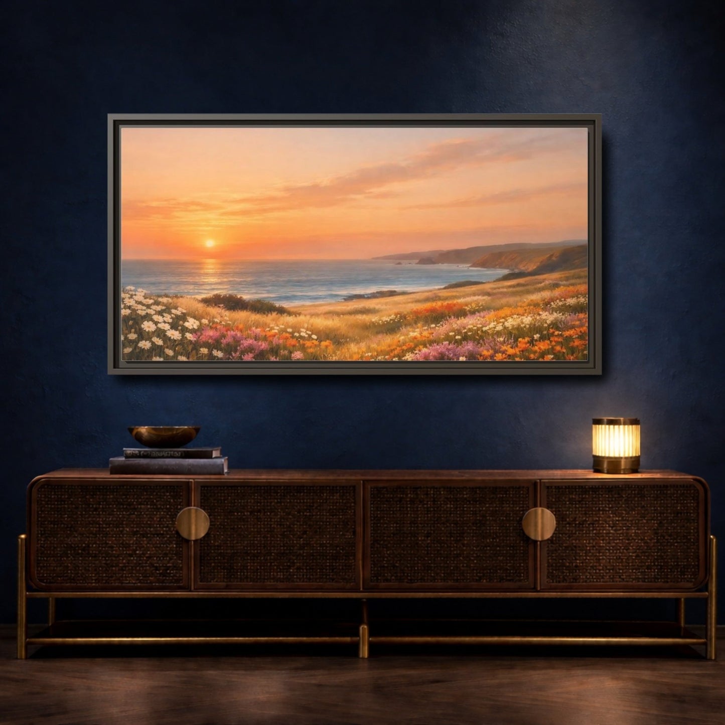 Landscape Nature Ocean Sunset Coastal Flowers - Framed Canvas Wall Art Print - YesArtYes