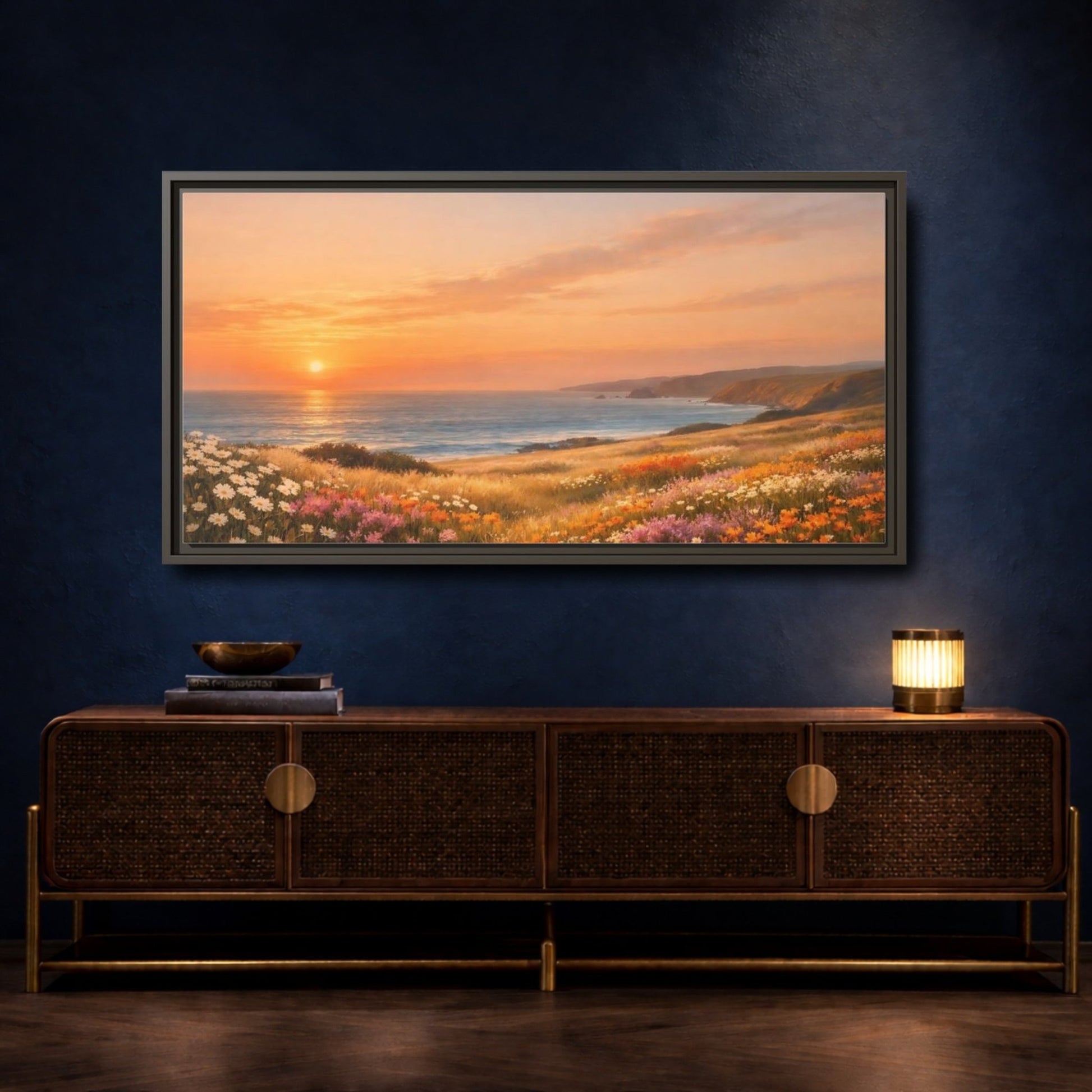 Landscape Nature Ocean Sunset Coastal Flowers - Framed Canvas Wall Art Print - YesArtYes