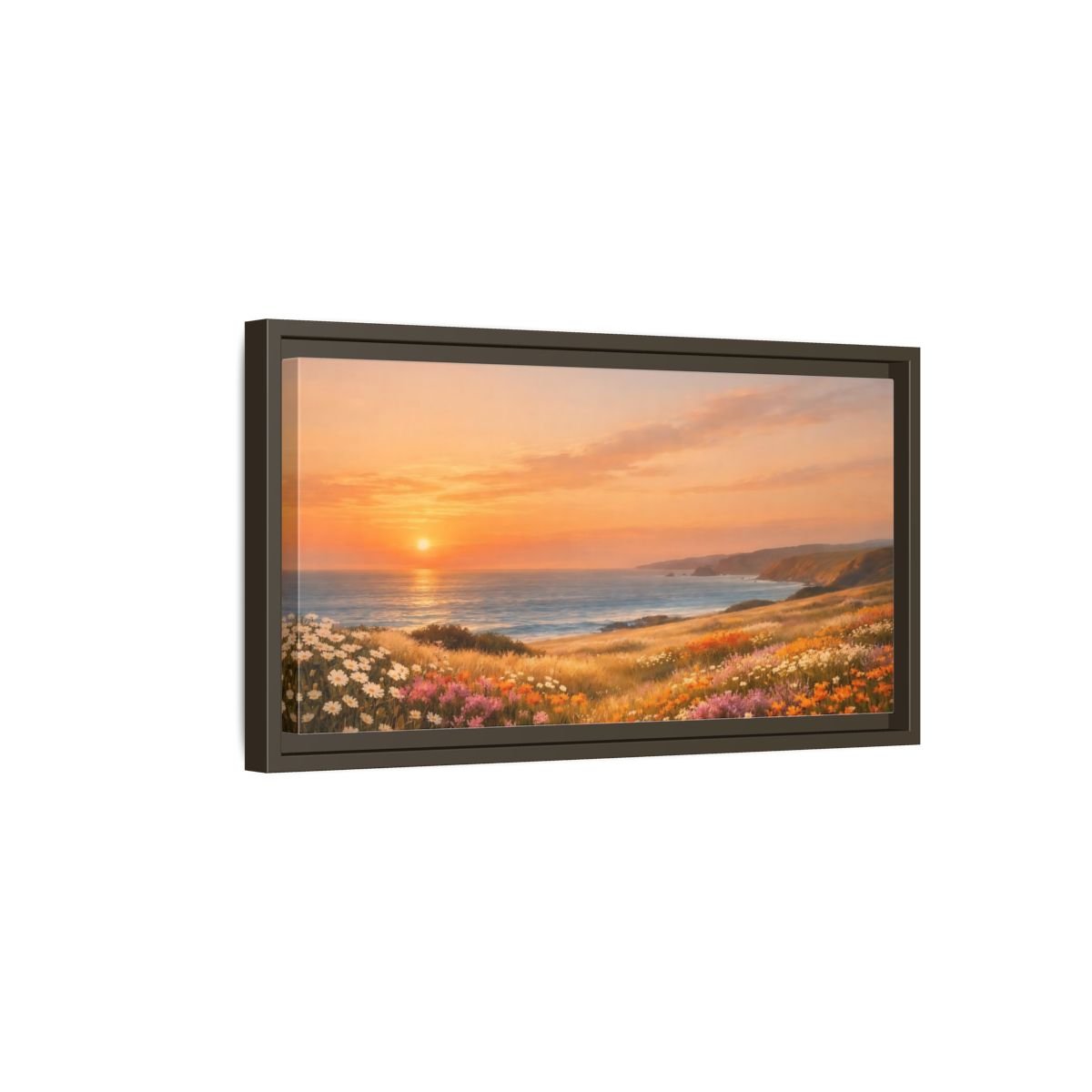 Landscape Nature Ocean Sunset Coastal Flowers - Framed Canvas Wall Art Print - YesArtYes