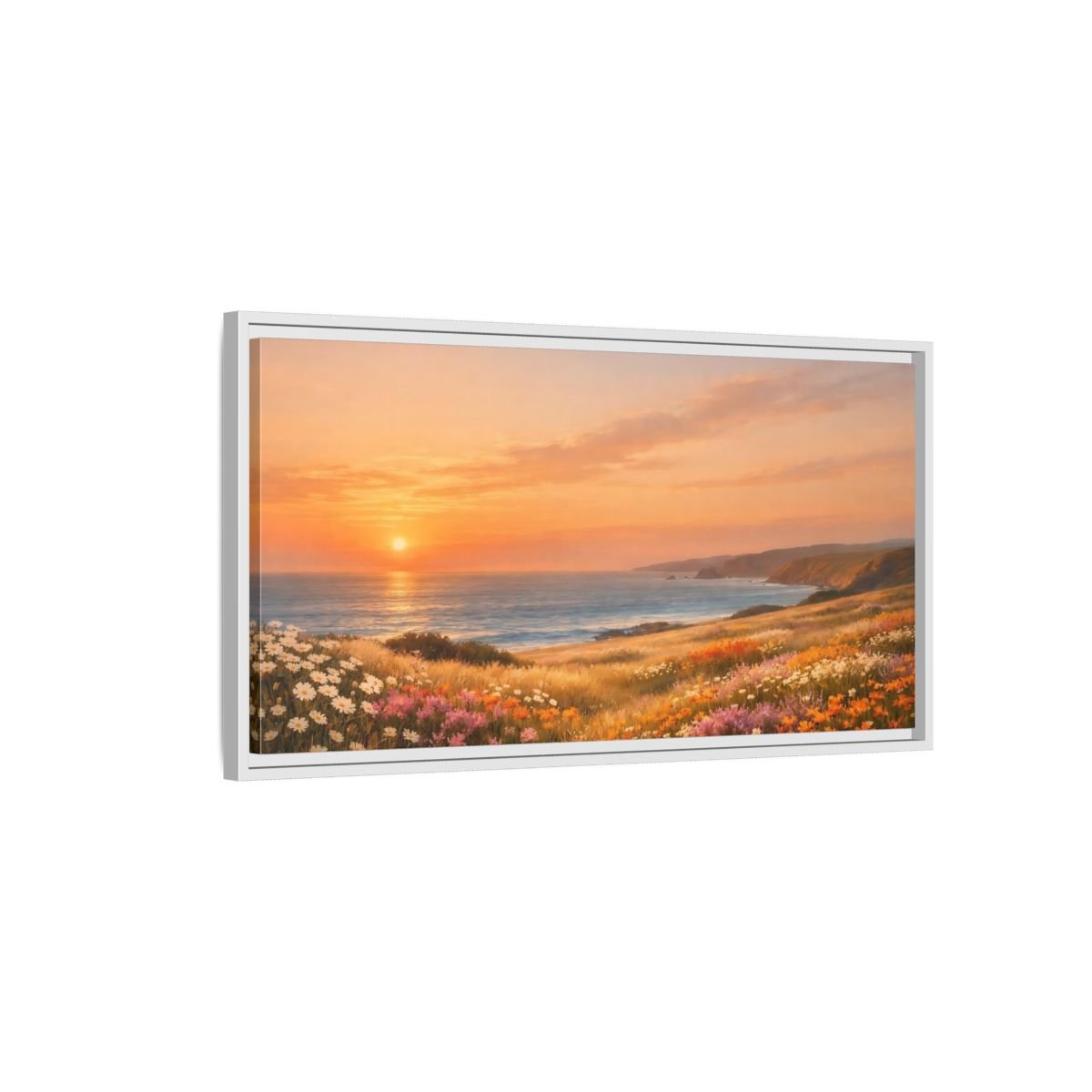 Landscape Nature Ocean Sunset Coastal Flowers - Framed Canvas Wall Art Print - YesArtYes