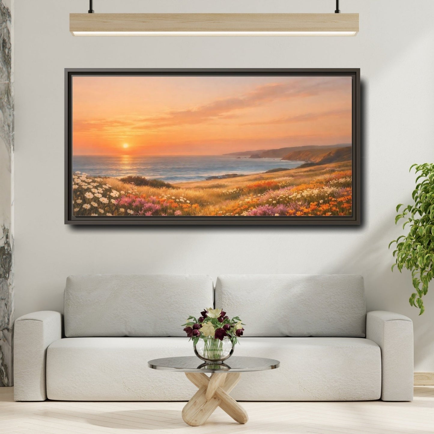 Landscape Nature Ocean Sunset Coastal Flowers - Framed Canvas Wall Art Print - YesArtYes