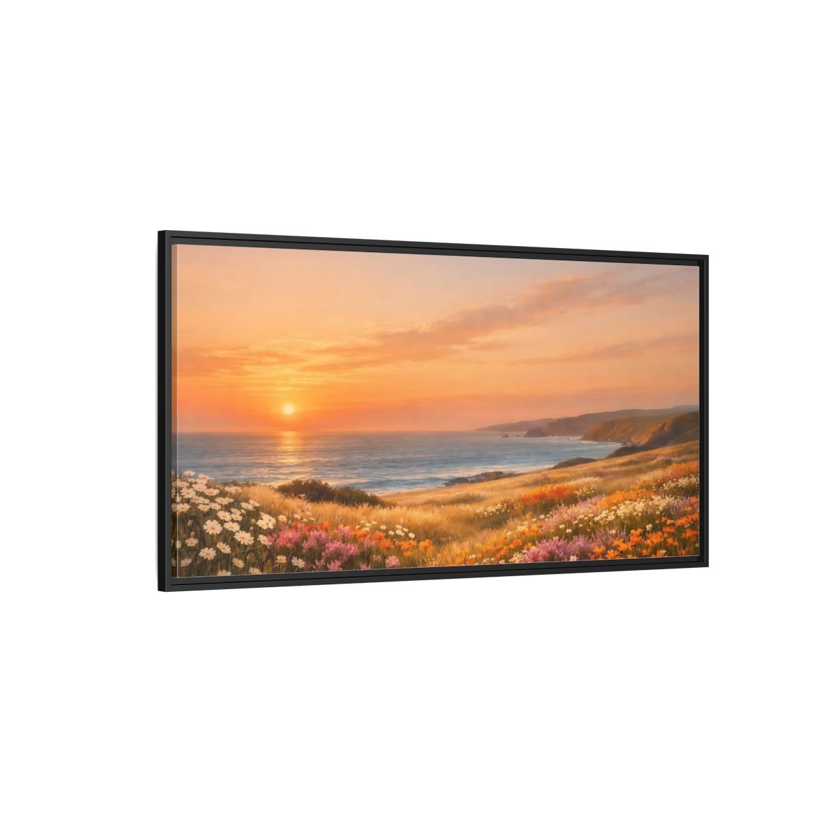 Landscape Nature Ocean Sunset Coastal Flowers - Framed Canvas Wall Art Print - YesArtYes