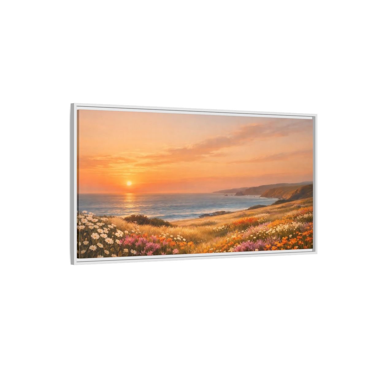 Landscape Nature Ocean Sunset Coastal Flowers - Framed Canvas Wall Art Print - YesArtYes