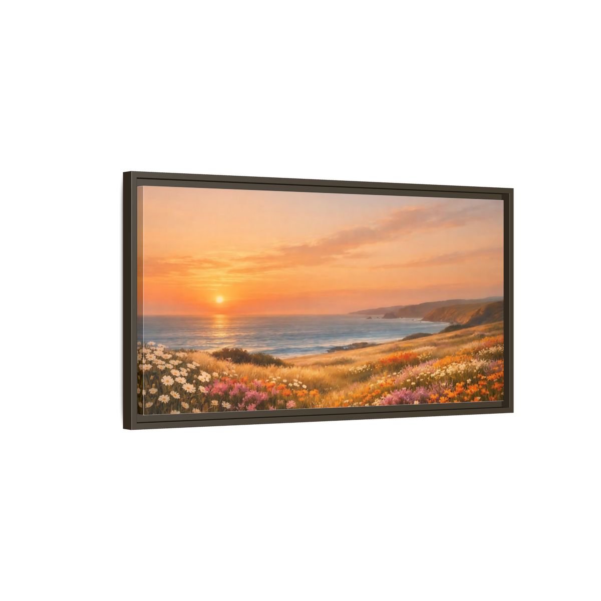 Landscape Nature Ocean Sunset Coastal Flowers - Framed Canvas Wall Art Print - YesArtYes