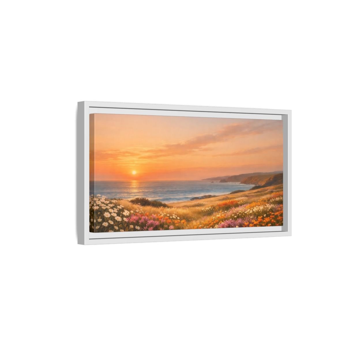 Landscape Nature Ocean Sunset Coastal Flowers - Framed Canvas Wall Art Print - YesArtYes