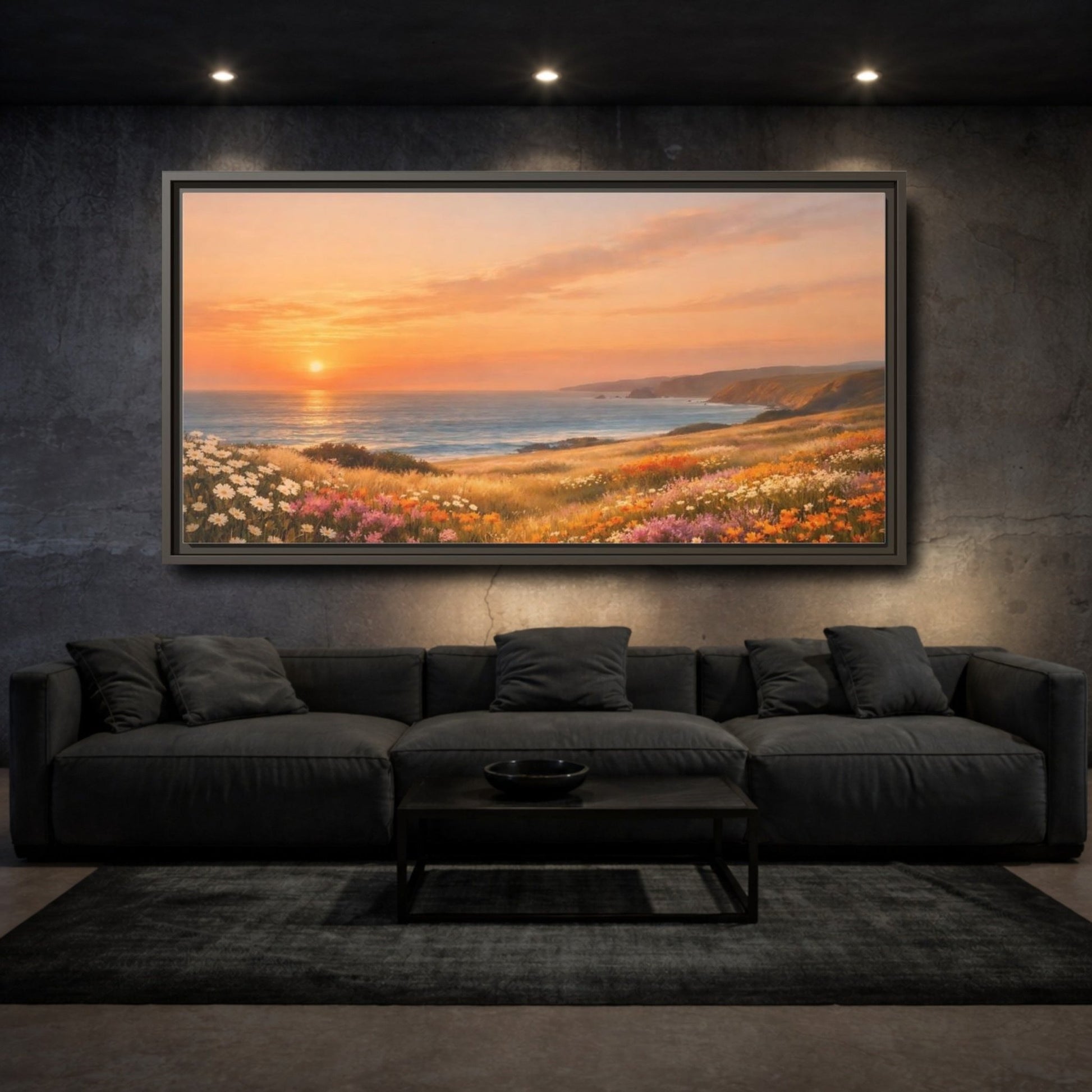 Landscape Nature Ocean Sunset Coastal Flowers - Framed Canvas Wall Art Print - YesArtYes