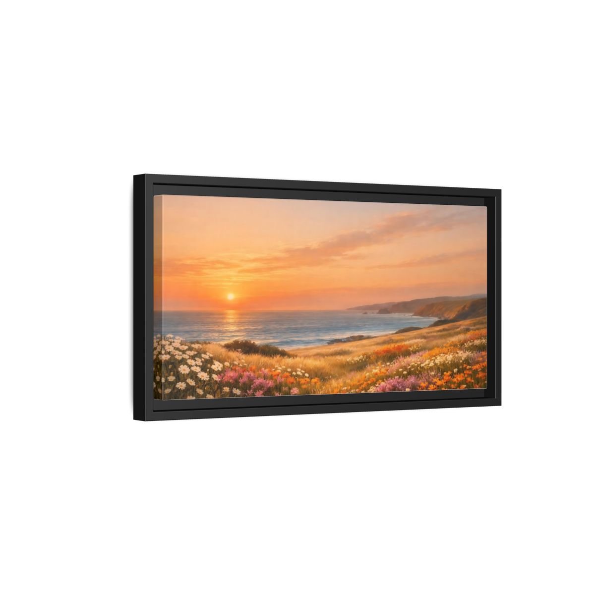 Landscape Nature Ocean Sunset Coastal Flowers - Framed Canvas Wall Art Print - YesArtYes