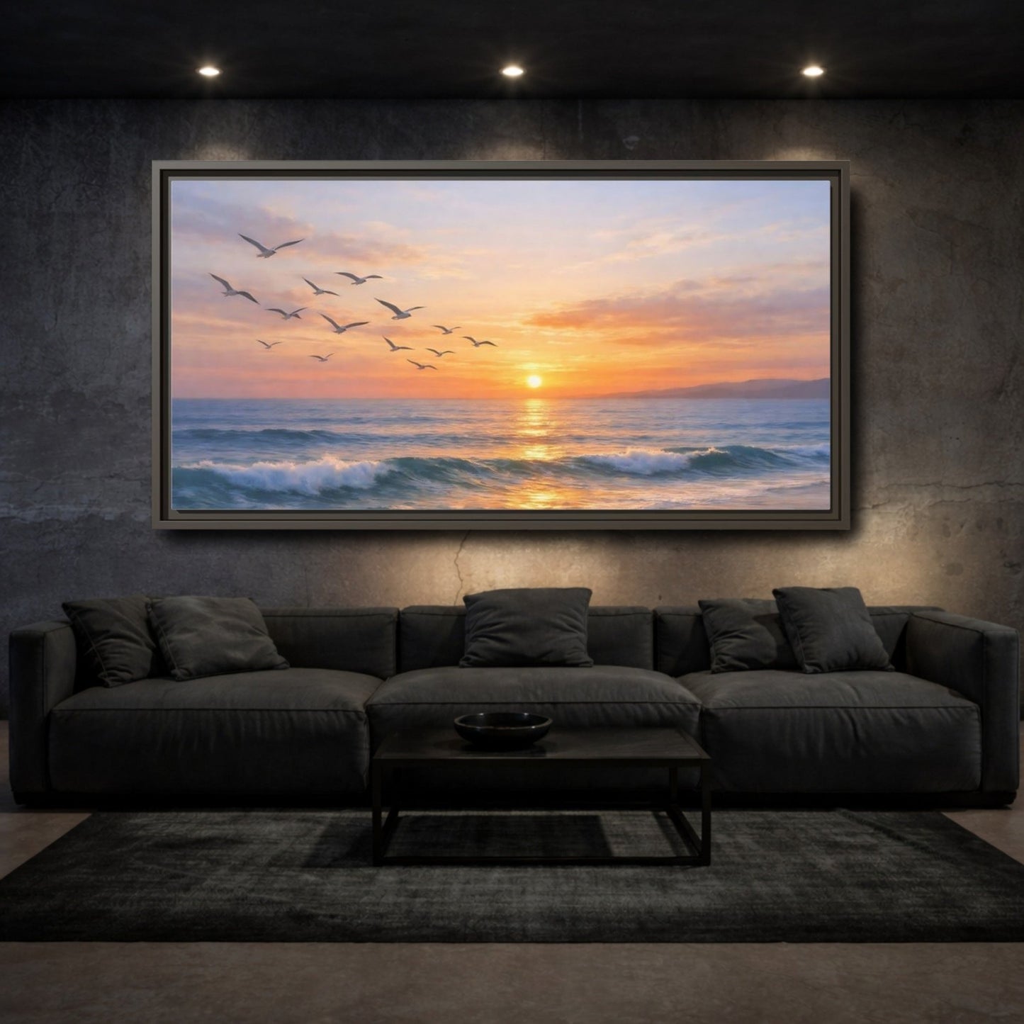 Landscape Nature Ocean Sunset Orange Blue - Framed Canvas Wall Art Print - YesArtYes