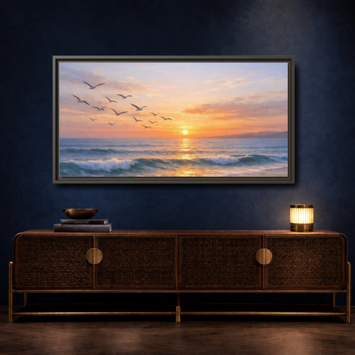 Landscape Nature Ocean Sunset Orange Blue - Framed Canvas Wall Art Print - YesArtYes
