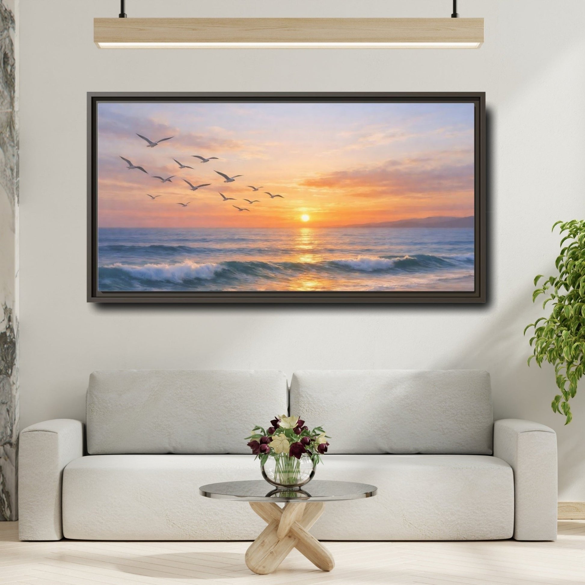 Landscape Nature Ocean Sunset Orange Blue - Framed Canvas Wall Art Print - YesArtYes