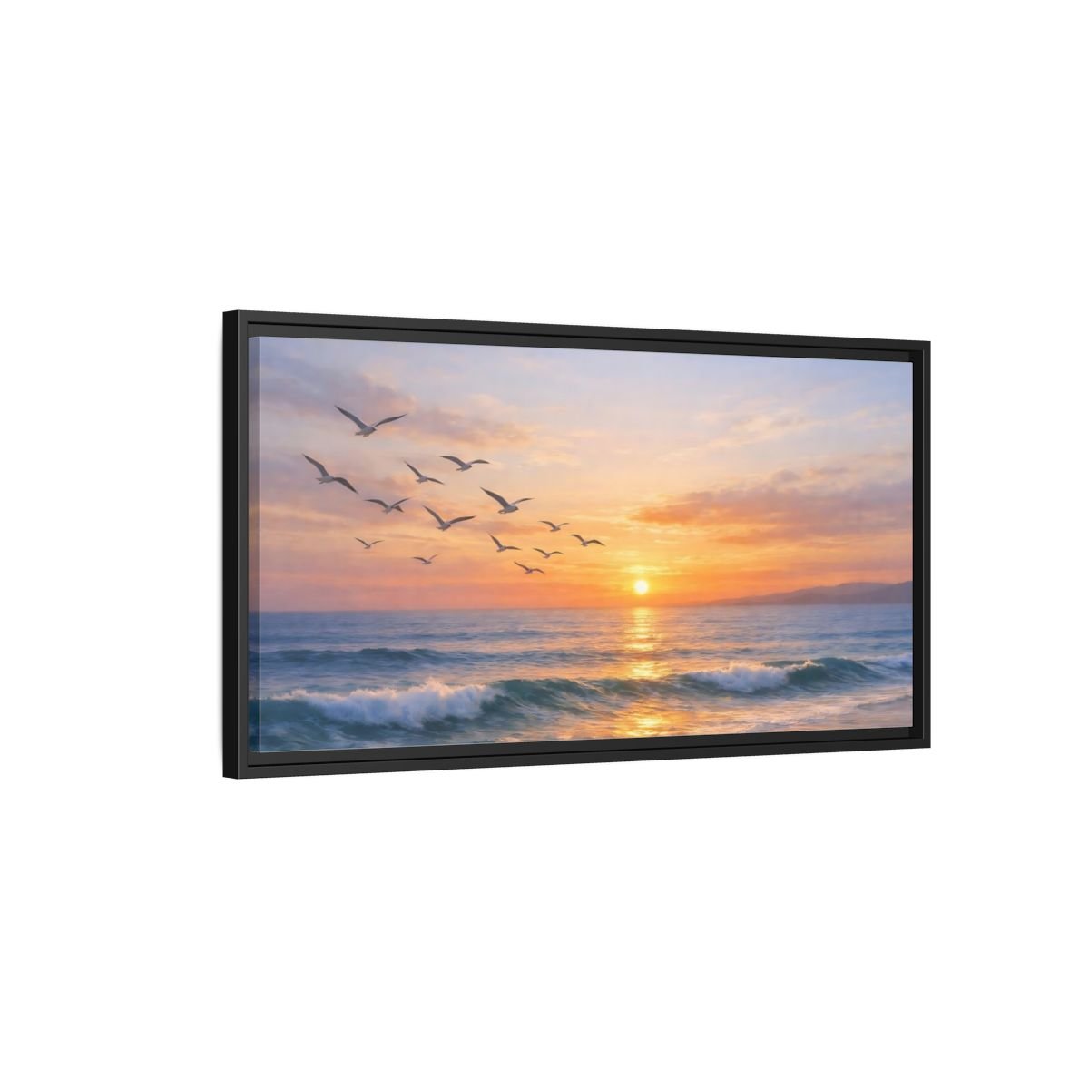Landscape Nature Ocean Sunset Orange Blue - Framed Canvas Wall Art Print - YesArtYes