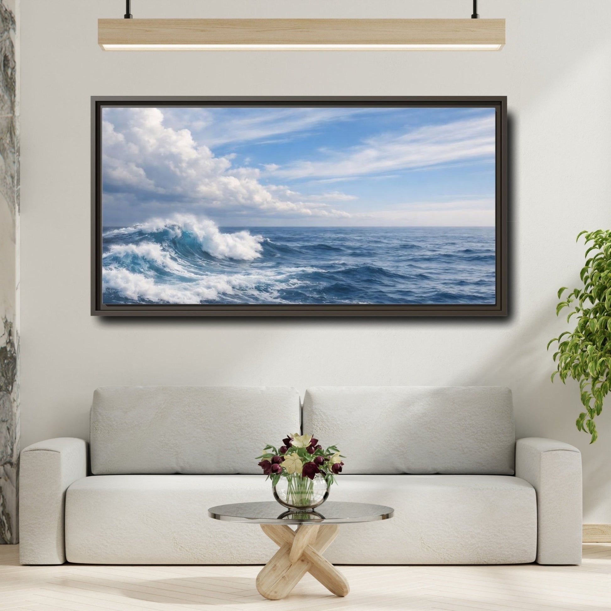 Landscape Nature Ocean Wave Blue - Framed Canvas Wall Art Print - YesArtYes