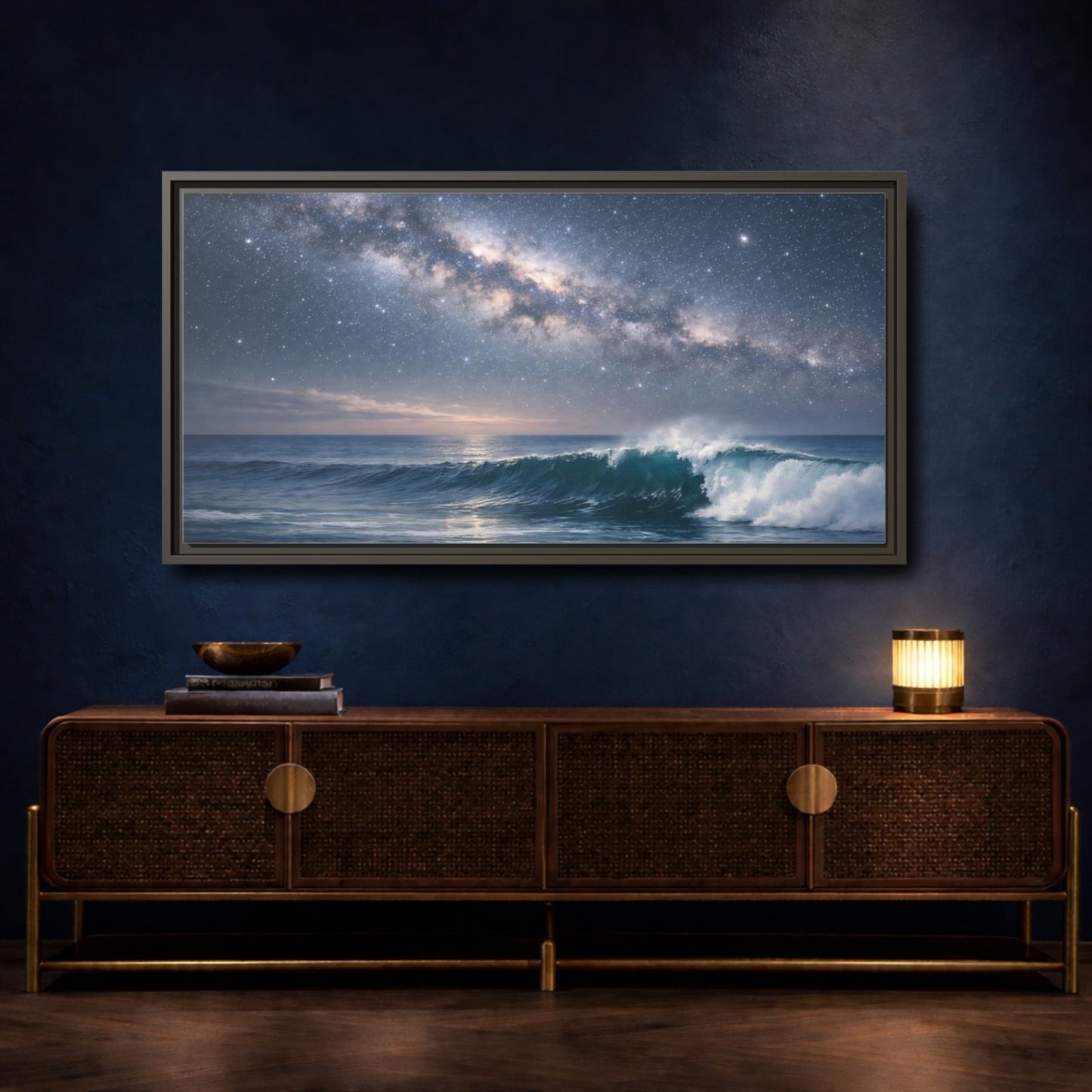 Landscape Nature Ocean Wave Blue Night - Framed Canvas Wall Art Print - YesArtYes