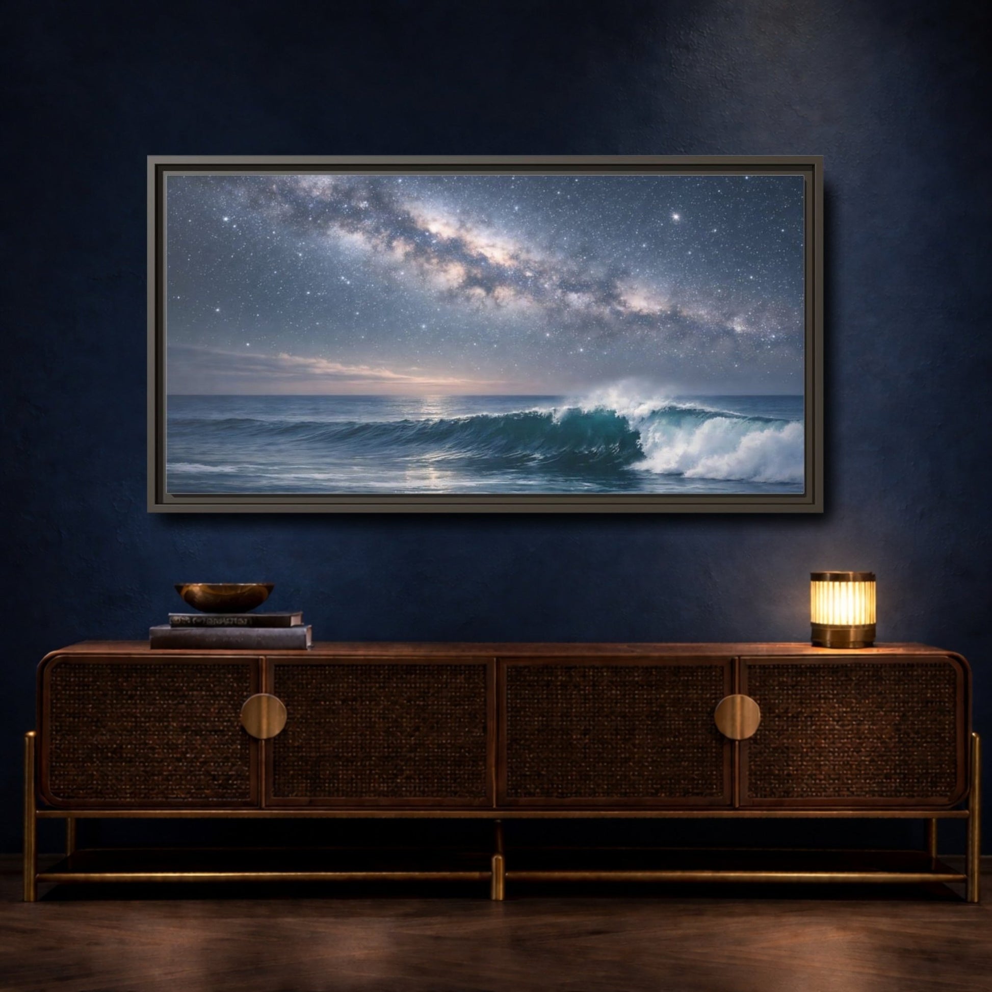Landscape Nature Ocean Wave Blue Night - Framed Canvas Wall Art Print - YesArtYes