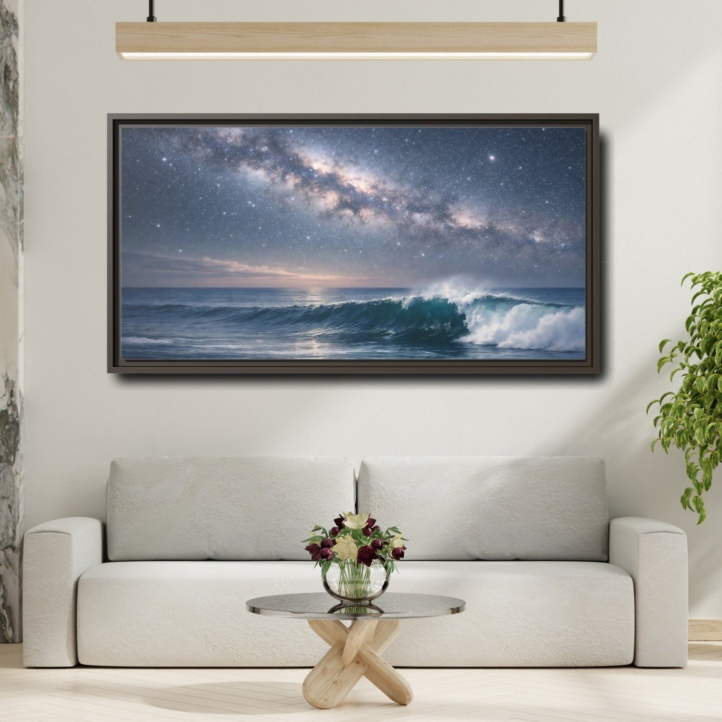 Landscape Nature Ocean Wave Blue Night - Framed Canvas Wall Art Print - YesArtYes