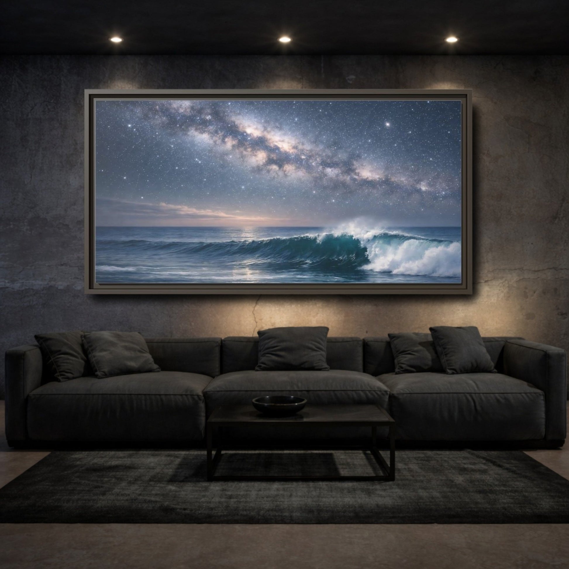 Landscape Nature Ocean Wave Blue Night - Framed Canvas Wall Art Print - YesArtYes