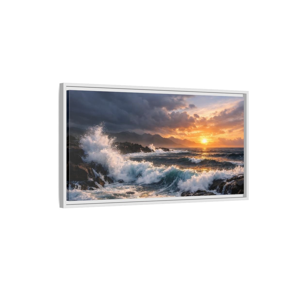 Landscape Nature Ocean Waves Sunset - Framed Canvas Wall Art Print - YesArtYes
