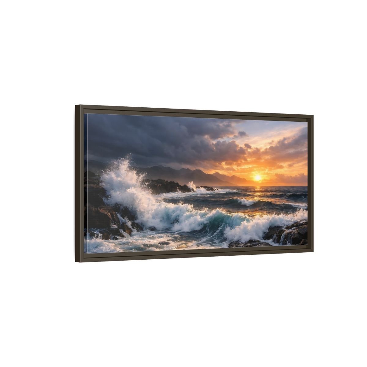 Landscape Nature Ocean Waves Sunset - Framed Canvas Wall Art Print - YesArtYes