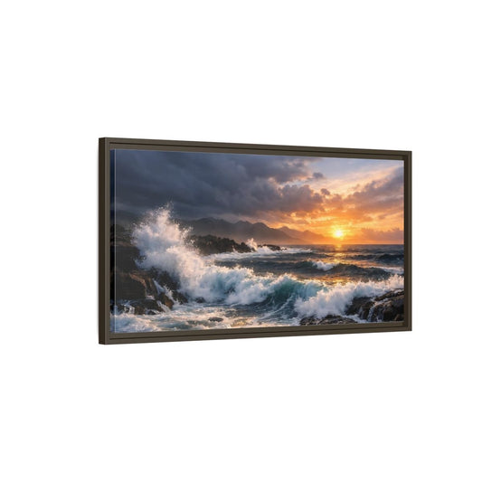 Landscape Nature Ocean Waves Sunset - Framed Canvas Wall Art Print - YesArtYes