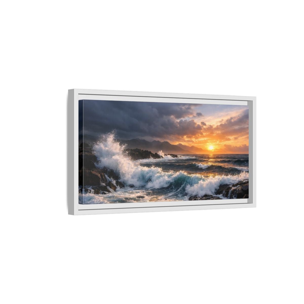 Landscape Nature Ocean Waves Sunset - Framed Canvas Wall Art Print - YesArtYes