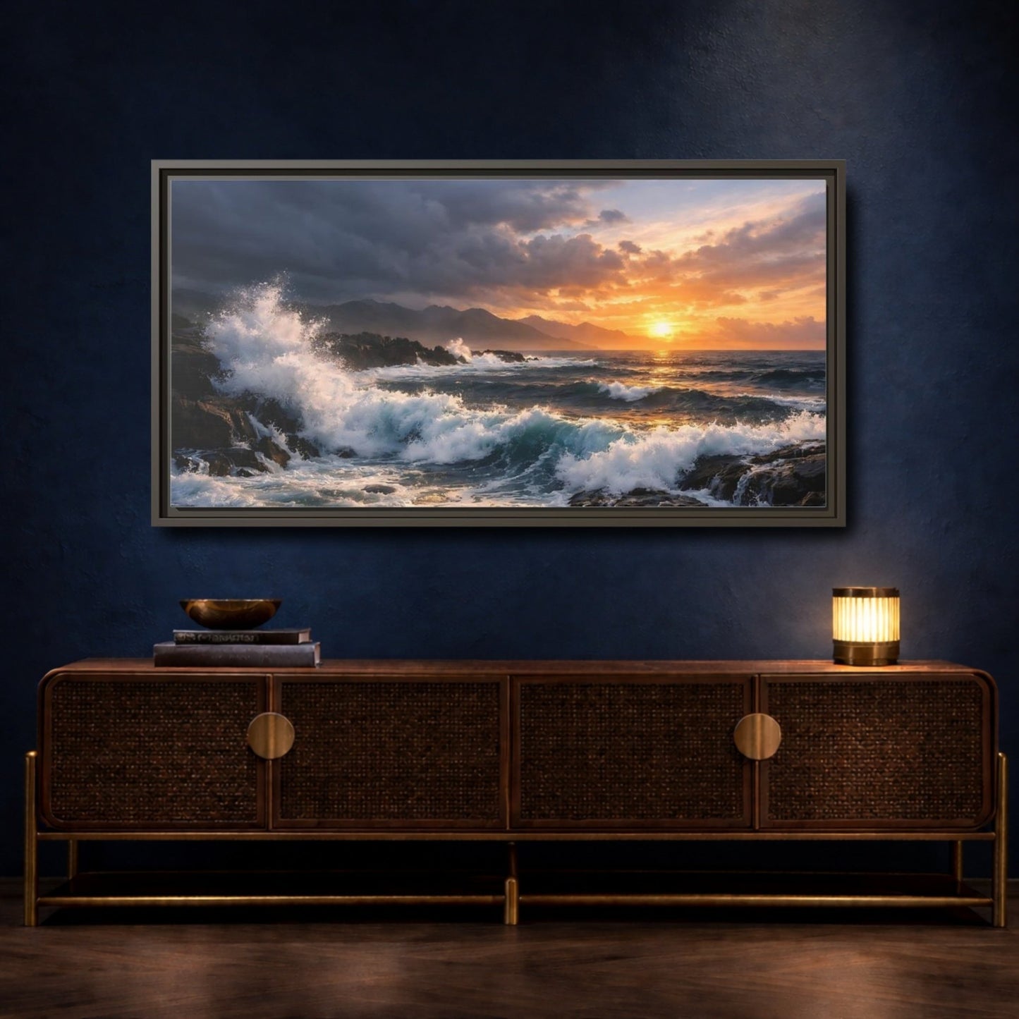 Landscape Nature Ocean Waves Sunset - Framed Canvas Wall Art Print - YesArtYes