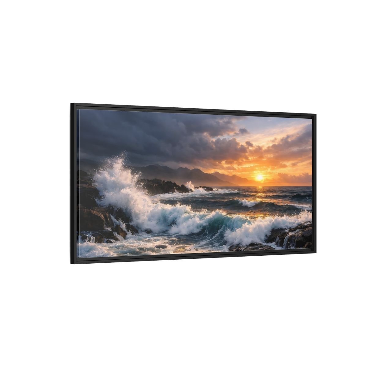 Landscape Nature Ocean Waves Sunset - Framed Canvas Wall Art Print - YesArtYes