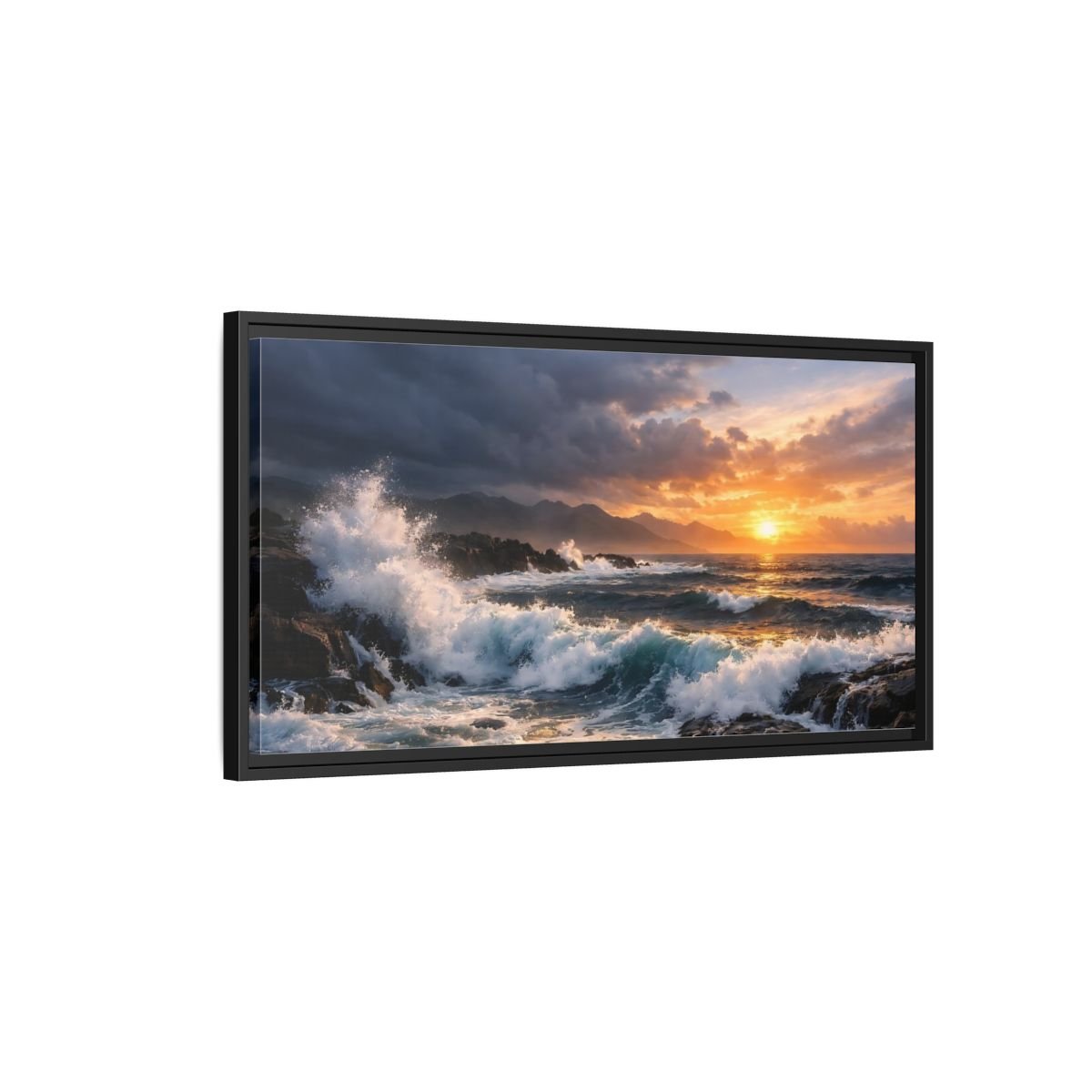Landscape Nature Ocean Waves Sunset - Framed Canvas Wall Art Print - YesArtYes