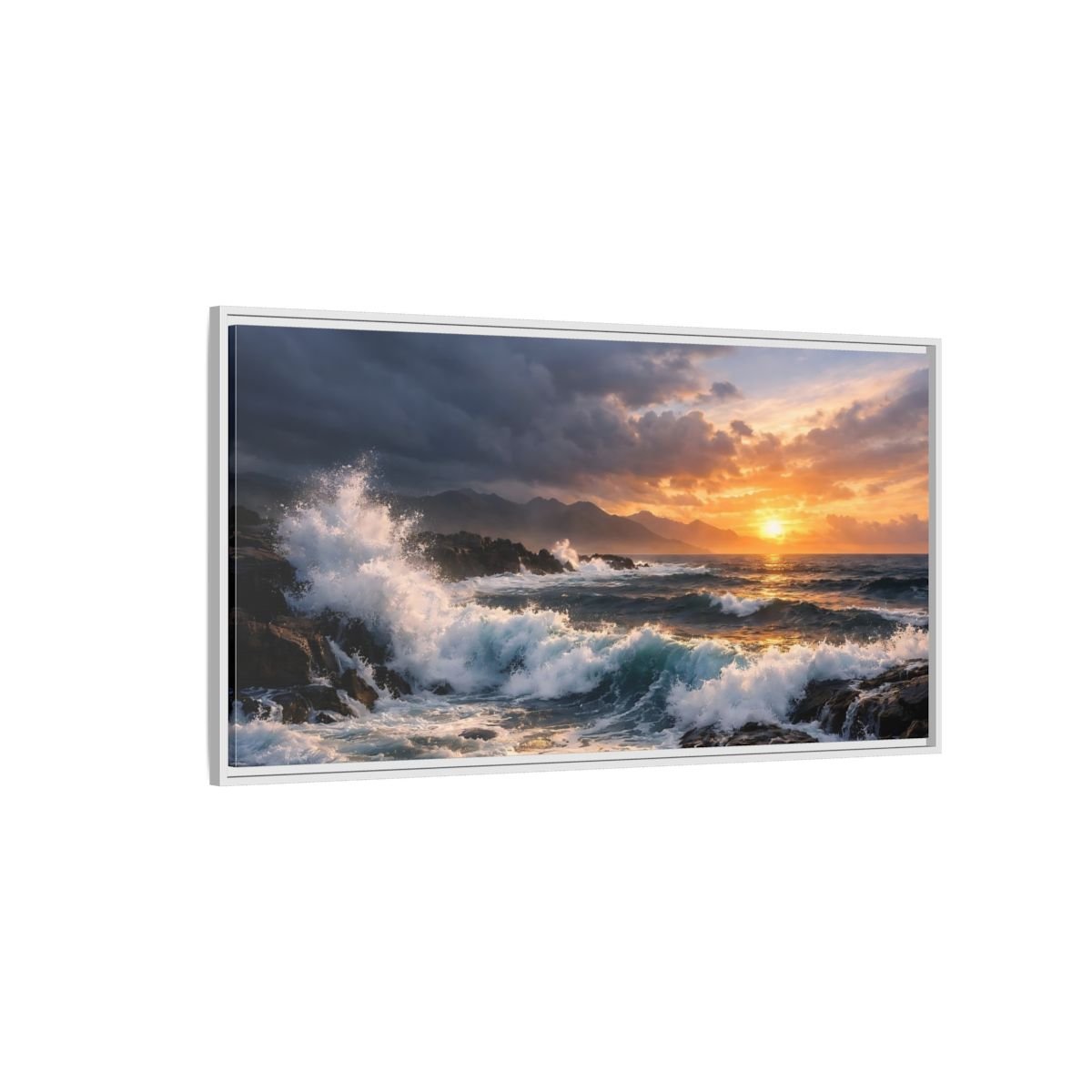 Landscape Nature Ocean Waves Sunset - Framed Canvas Wall Art Print - YesArtYes