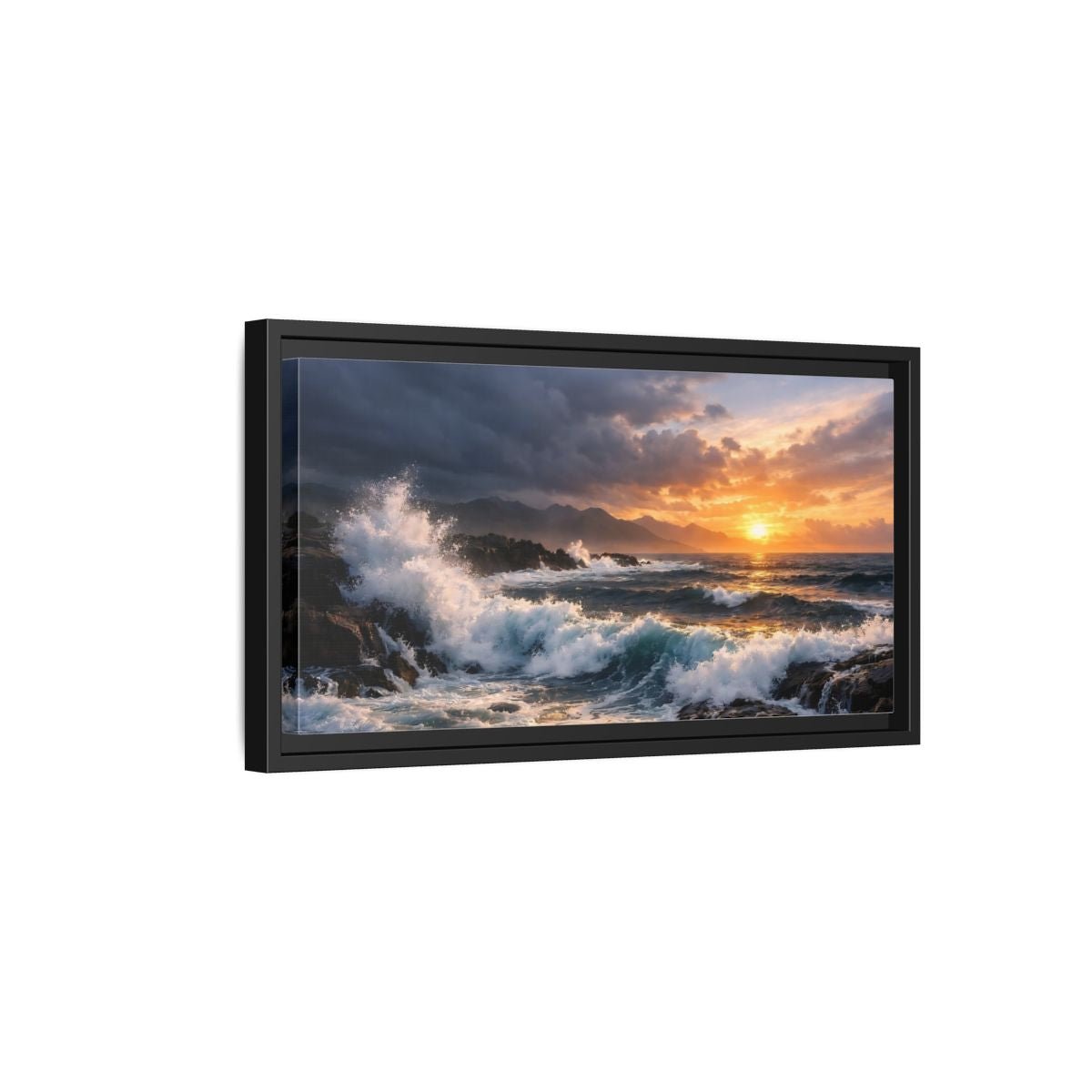 Landscape Nature Ocean Waves Sunset - Framed Canvas Wall Art Print - YesArtYes