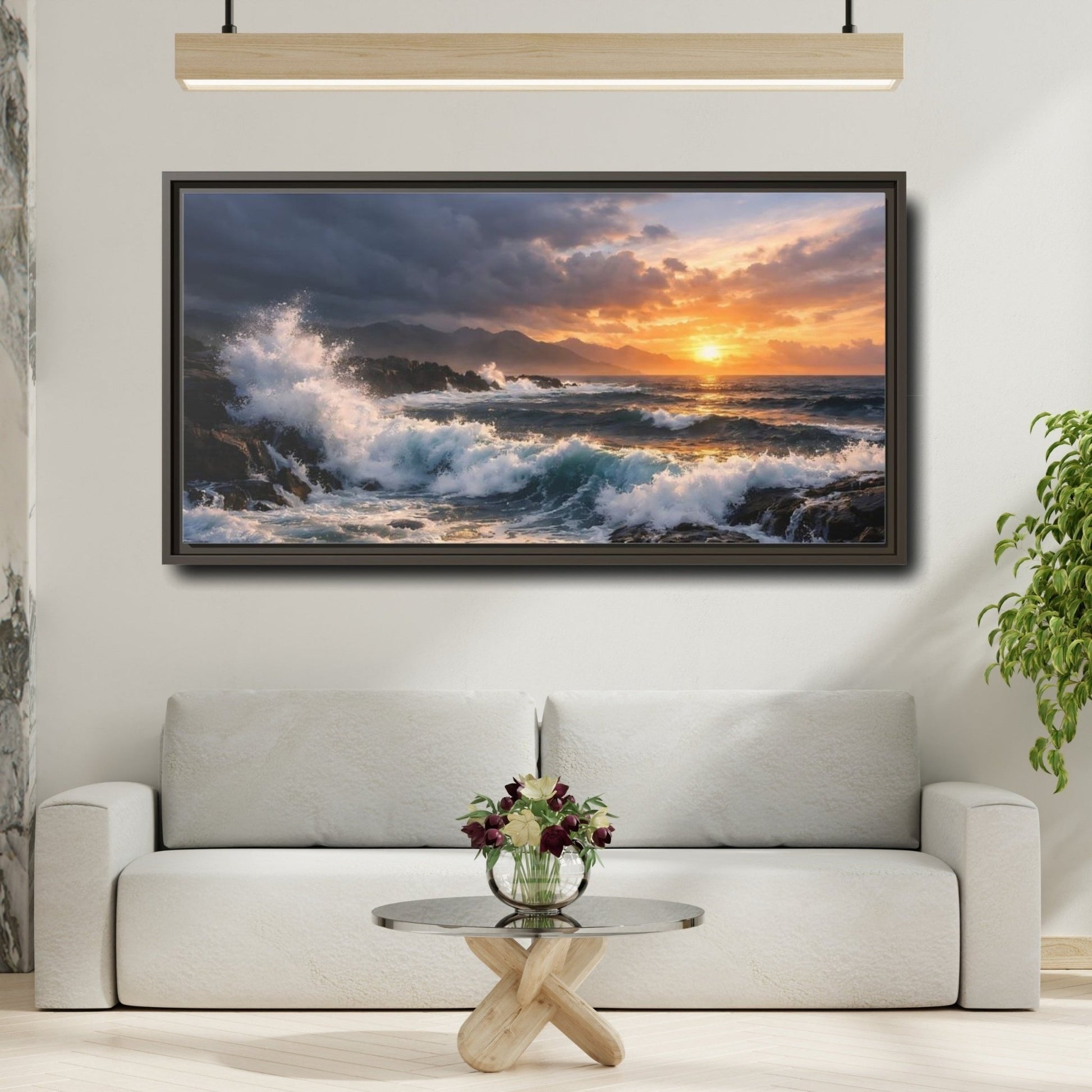 Landscape Nature Ocean Waves Sunset - Framed Canvas Wall Art Print - YesArtYes