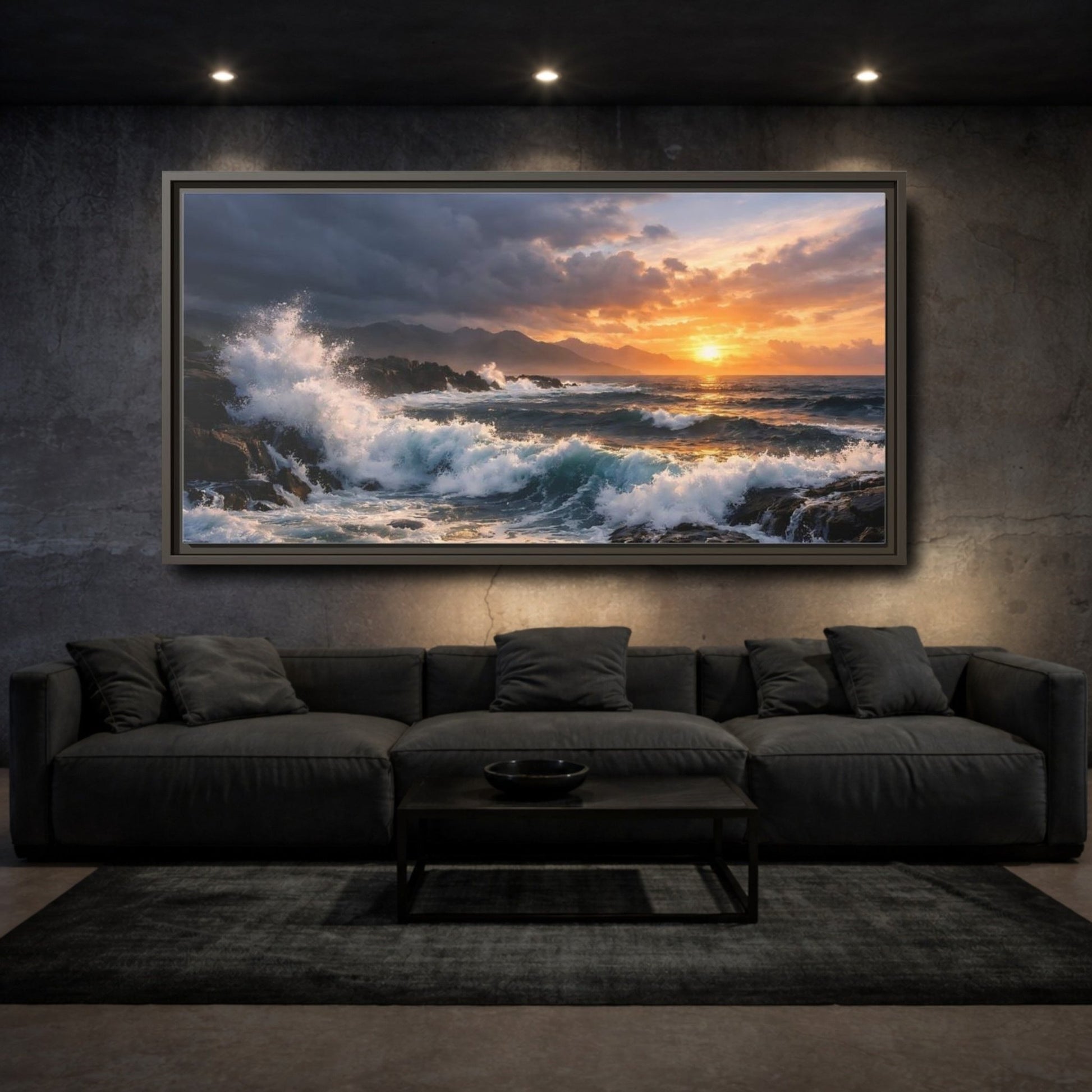 Landscape Nature Ocean Waves Sunset - Framed Canvas Wall Art Print - YesArtYes