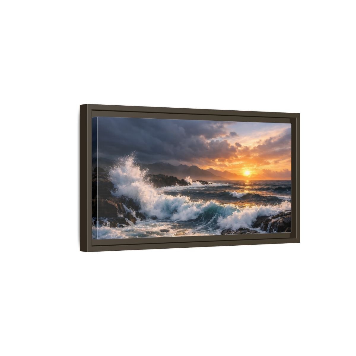 Landscape Nature Ocean Waves Sunset - Framed Canvas Wall Art Print - YesArtYes