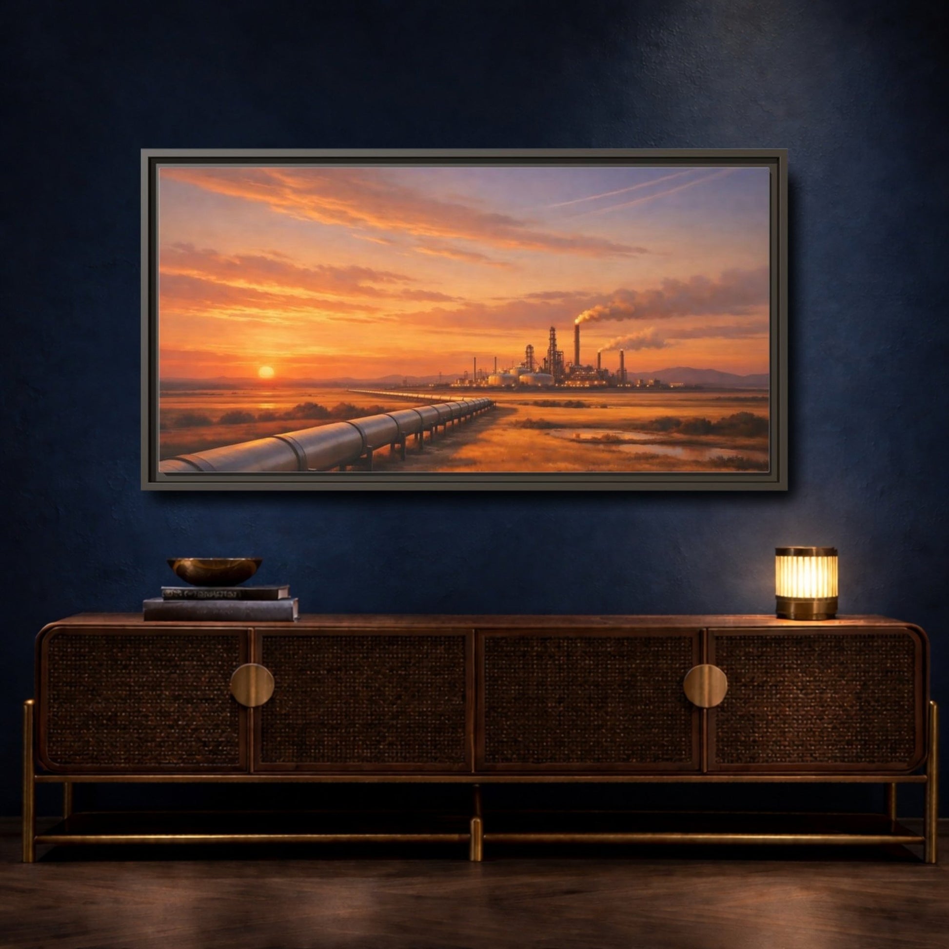 Landscape Nature Oil Refinery Orange Sunset - Framed Canvas Wall Art Print - YesArtYes