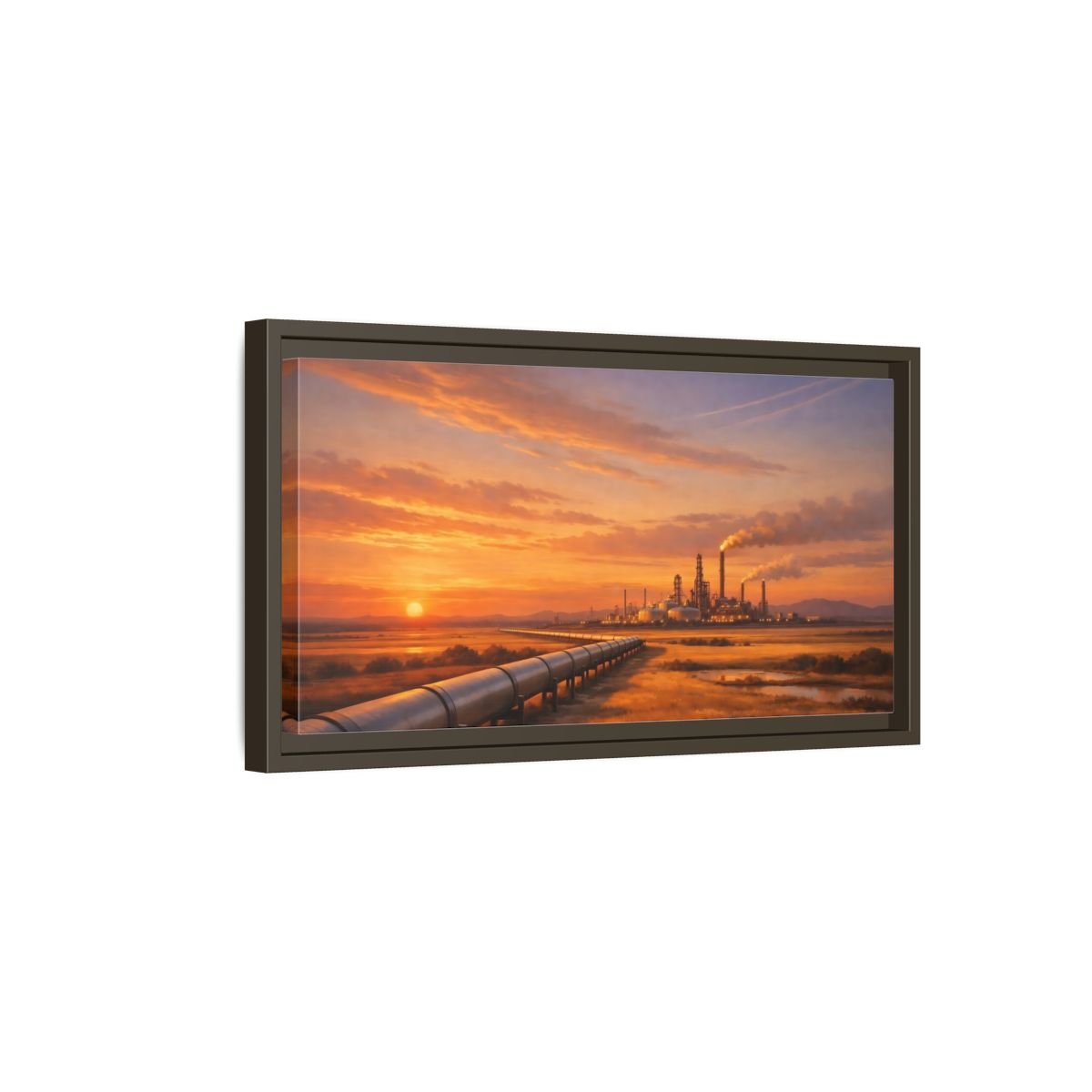Landscape Nature Oil Refinery Orange Sunset - Framed Canvas Wall Art Print - YesArtYes
