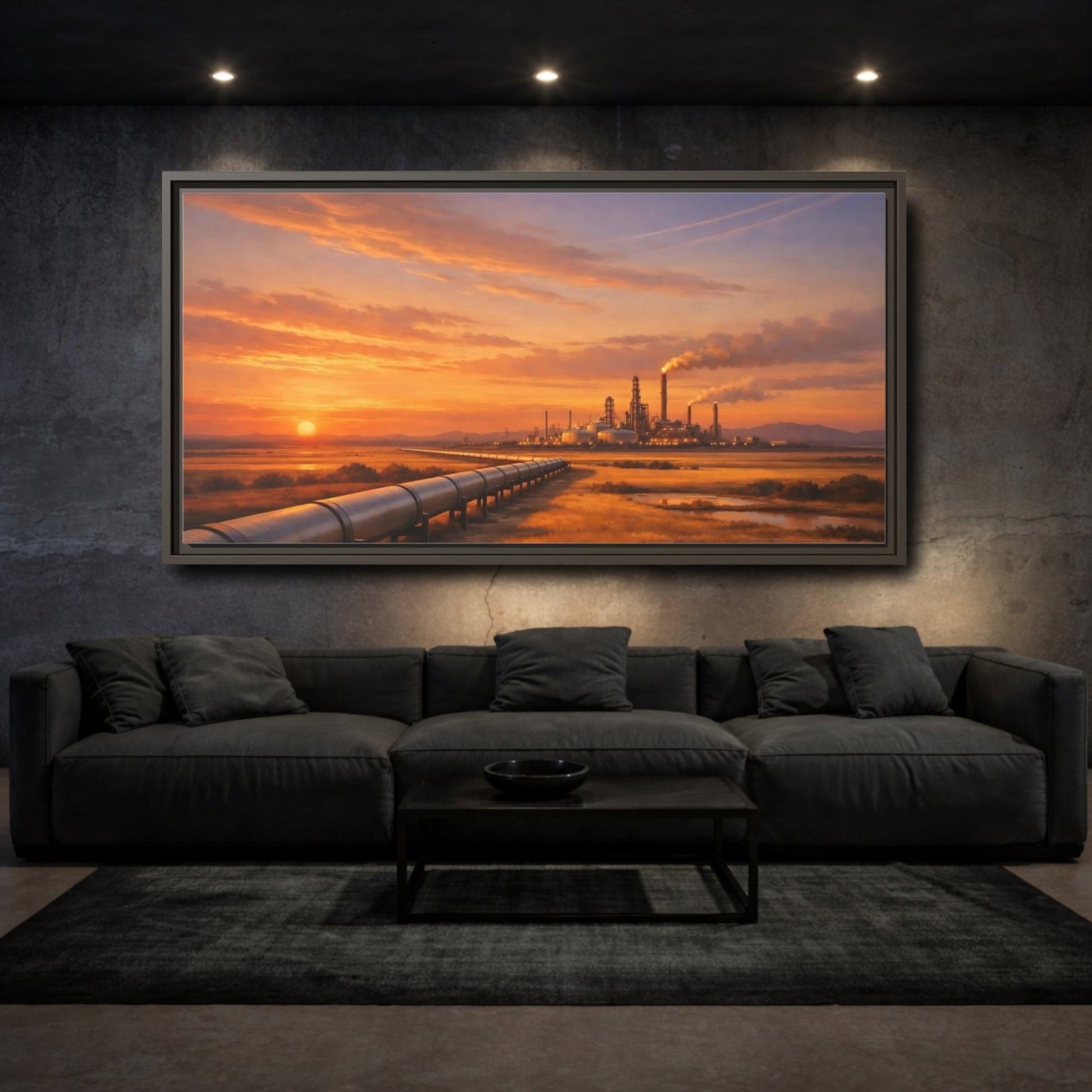 Landscape Nature Oil Refinery Orange Sunset - Framed Canvas Wall Art Print - YesArtYes