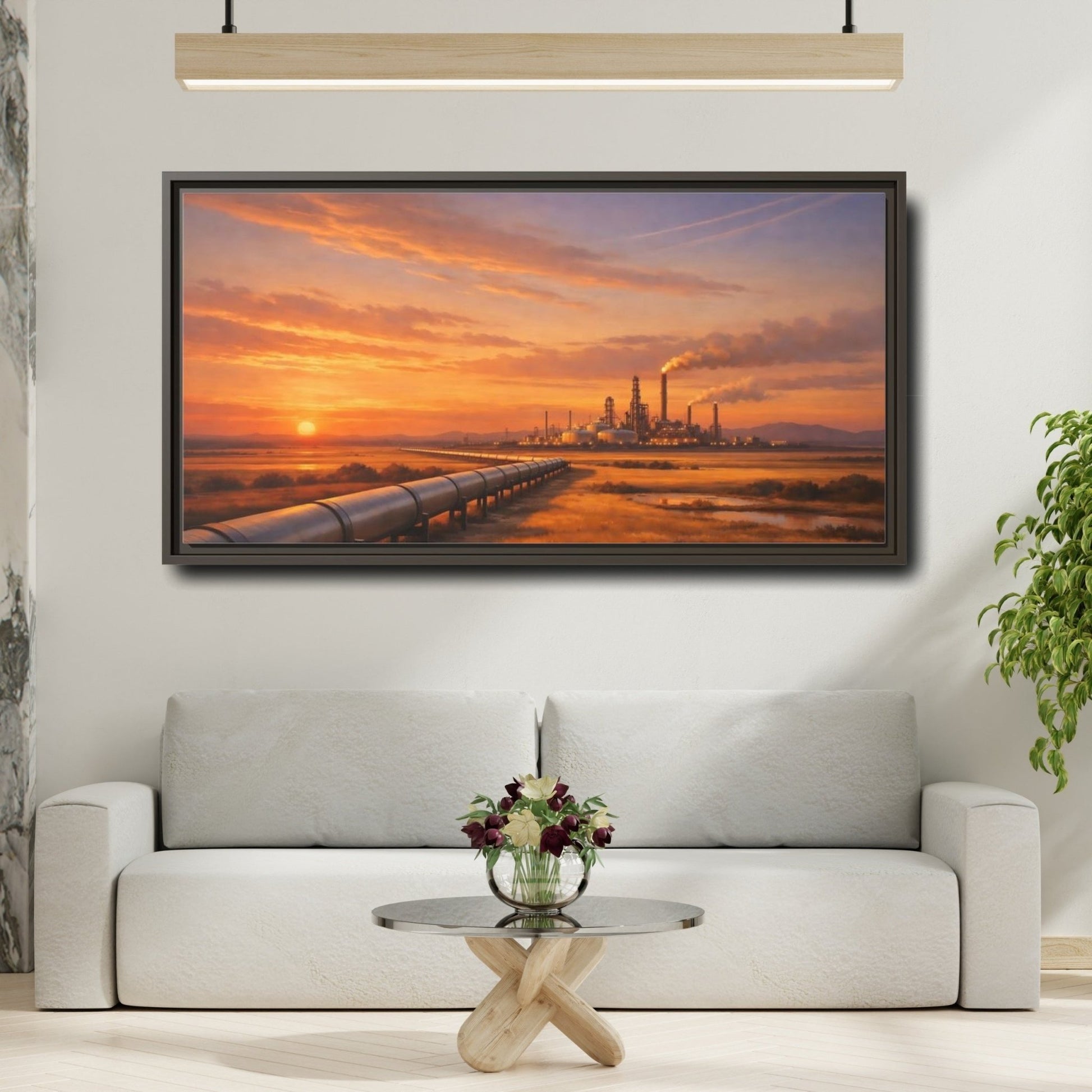 Landscape Nature Oil Refinery Orange Sunset - Framed Canvas Wall Art Print - YesArtYes