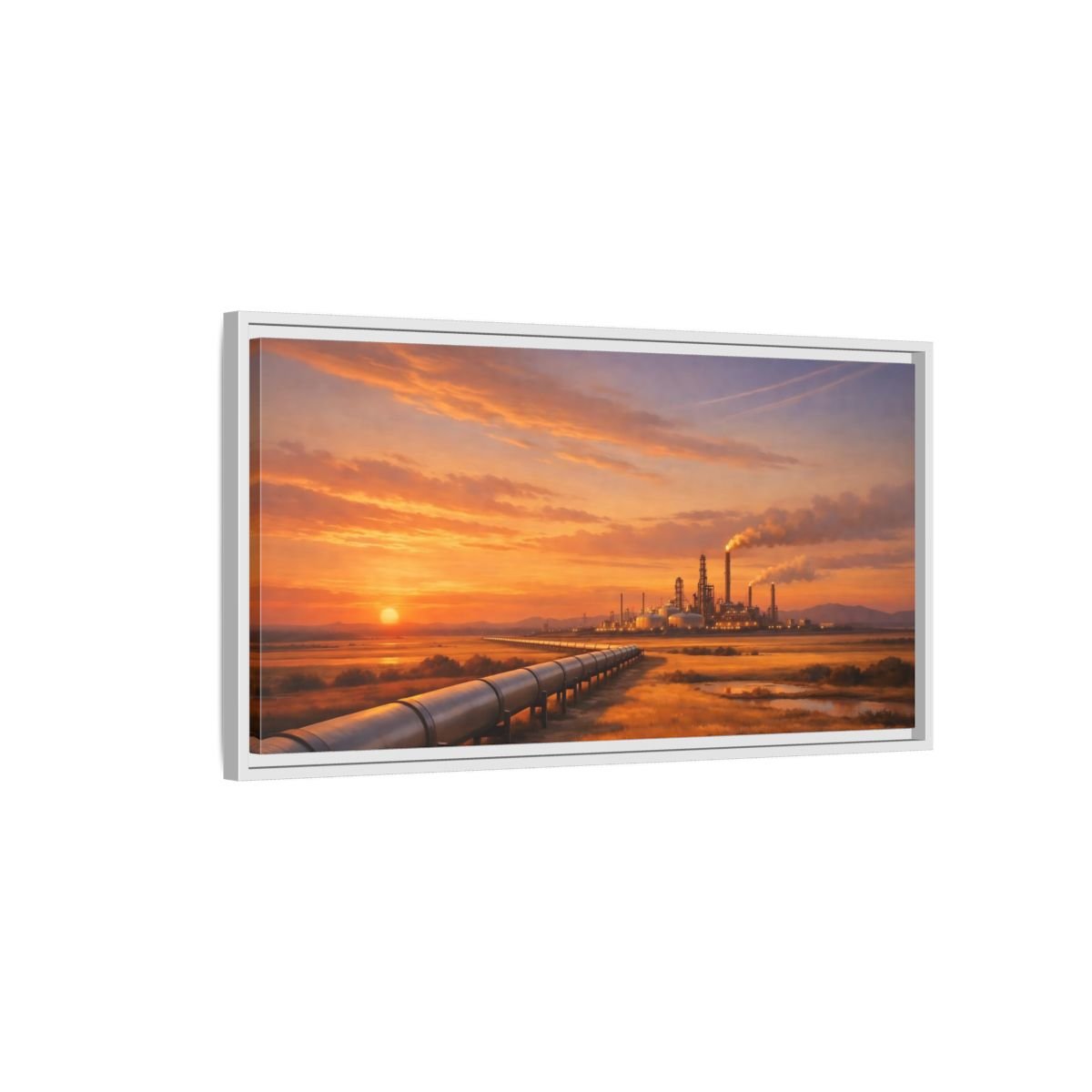 Landscape Nature Oil Refinery Orange Sunset - Framed Canvas Wall Art Print - YesArtYes