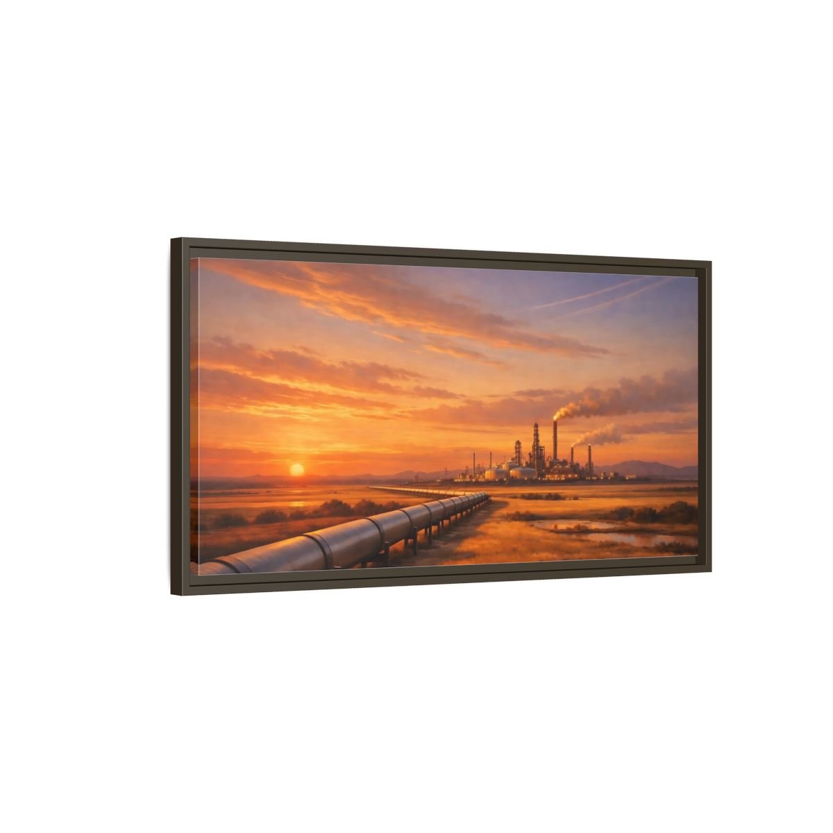 Landscape Nature Oil Refinery Orange Sunset - Framed Canvas Wall Art Print - YesArtYes